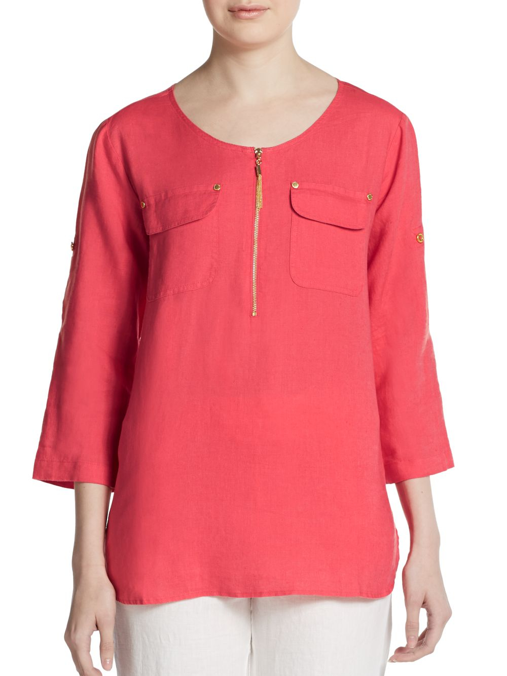 Ellen tracy Roll-sleeve Linen Shirt in Pink | Lyst