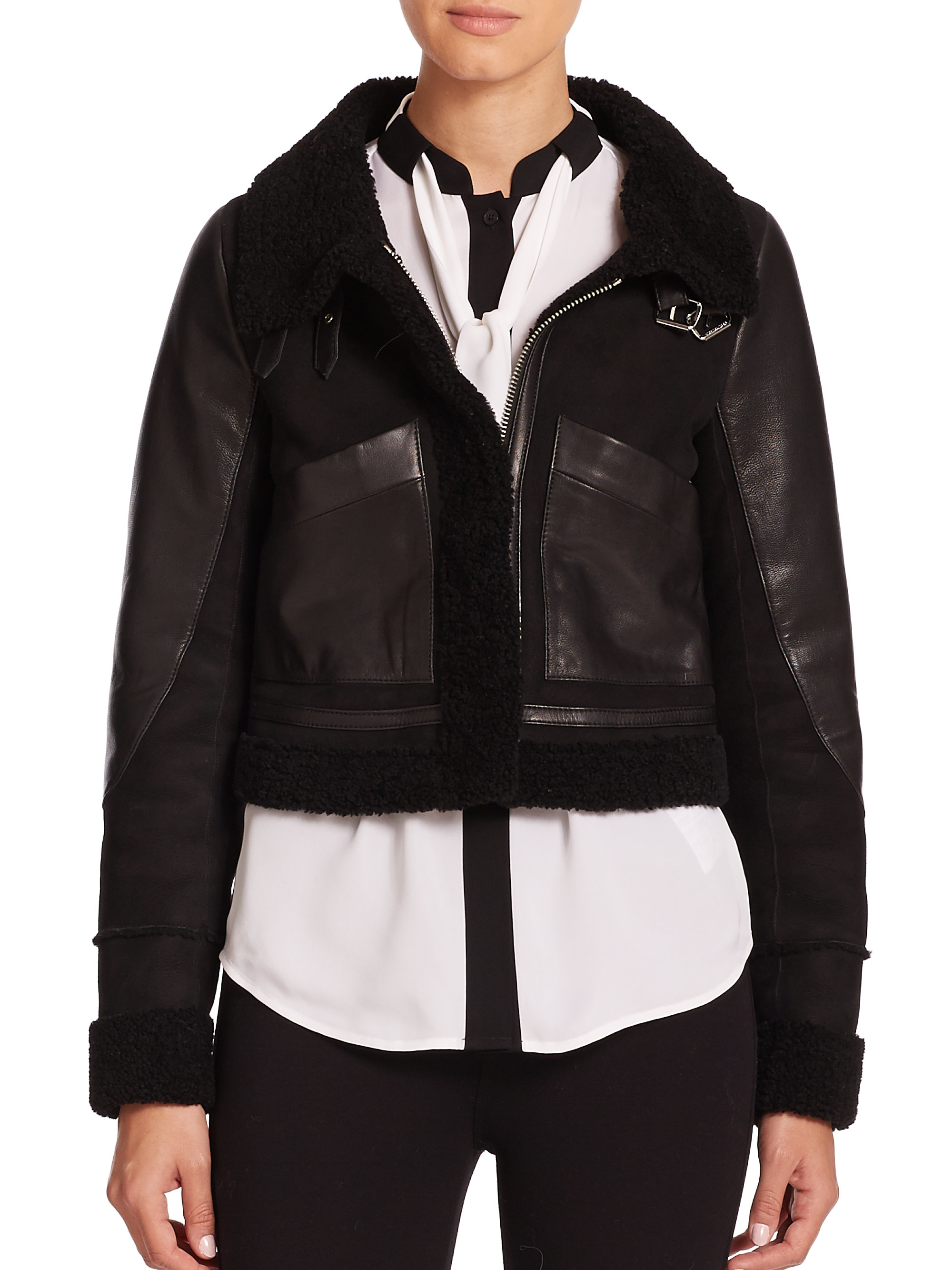 Lyst - Michael Michael Kors Cropped Shearling & Leather Aviator Jacket ...