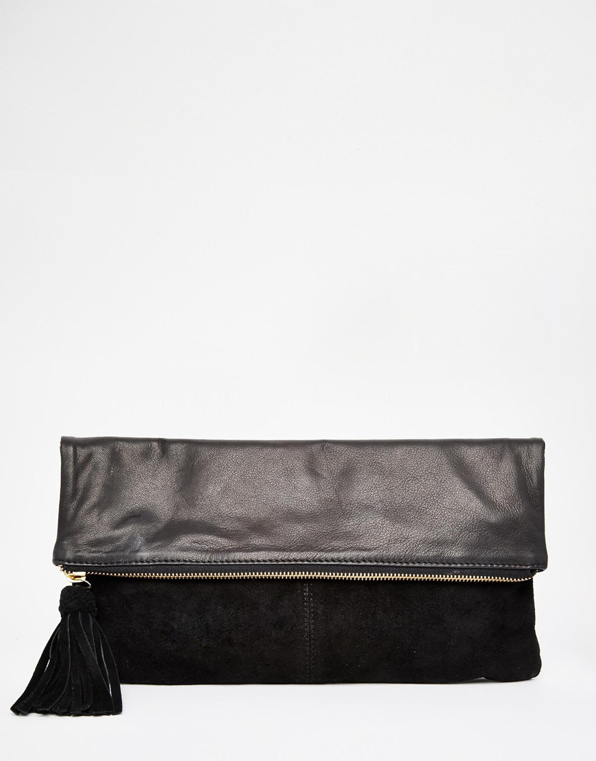Lyst - ASOS Leather And Suede Foldover Clutch Bag in Black
