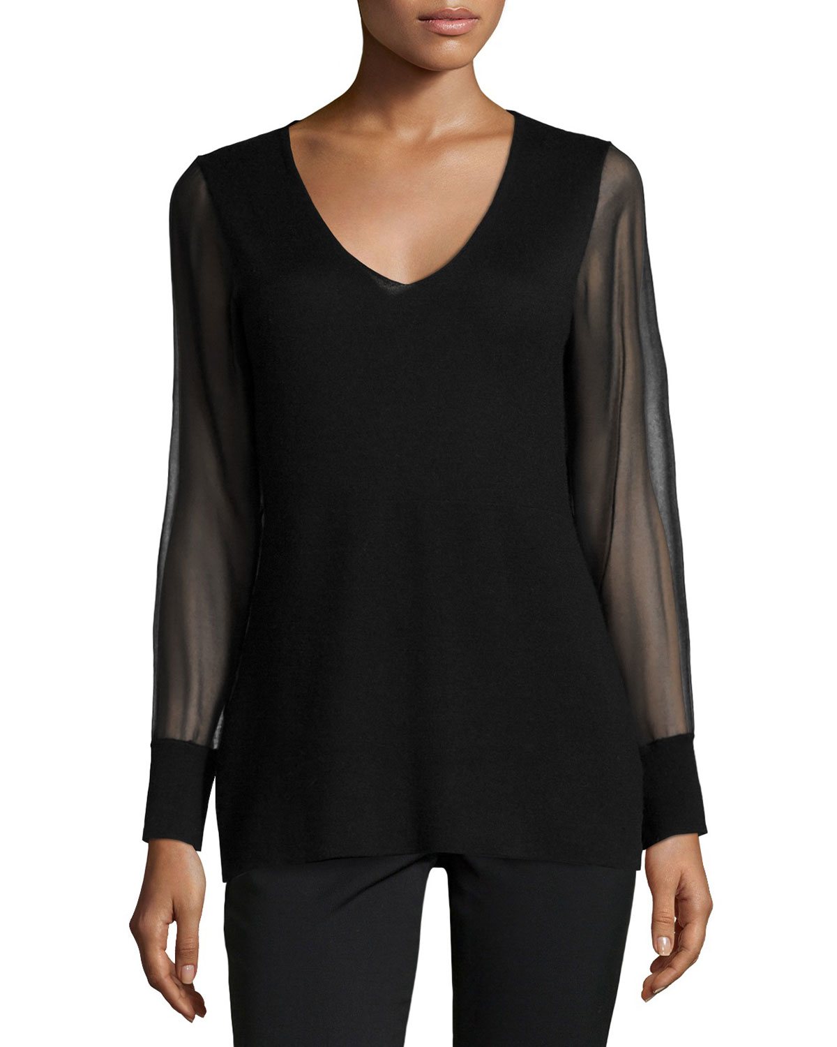 Neiman marcus Cashmere Sheer-sleeve V-neck Top in Black | Lyst