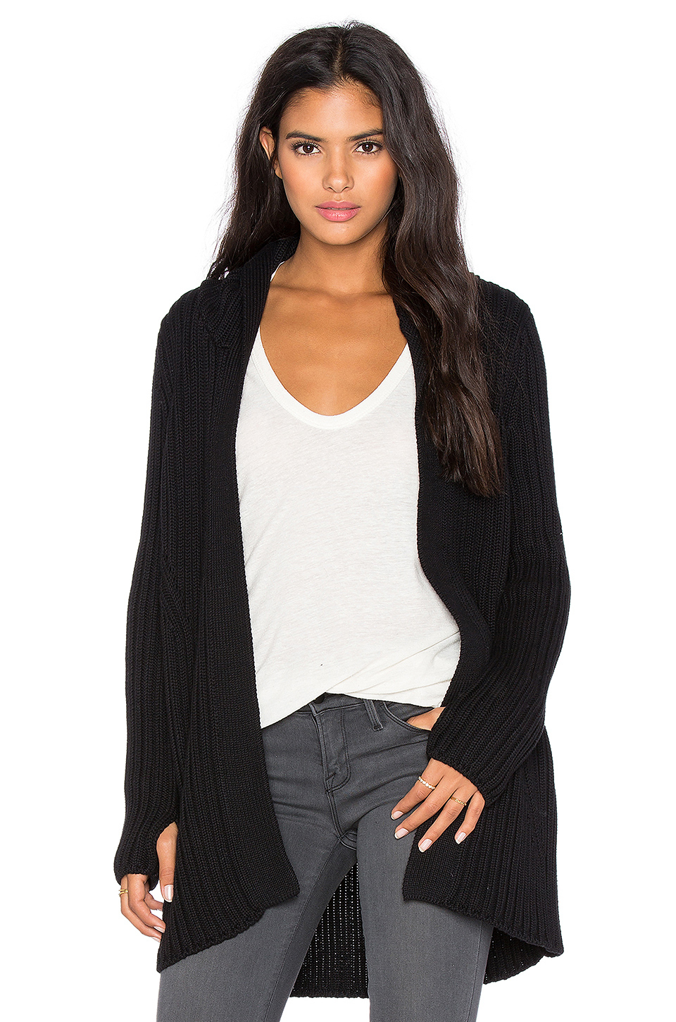 525 america Hood & Thumbhole Rib Sweater Coat in Black | Lyst