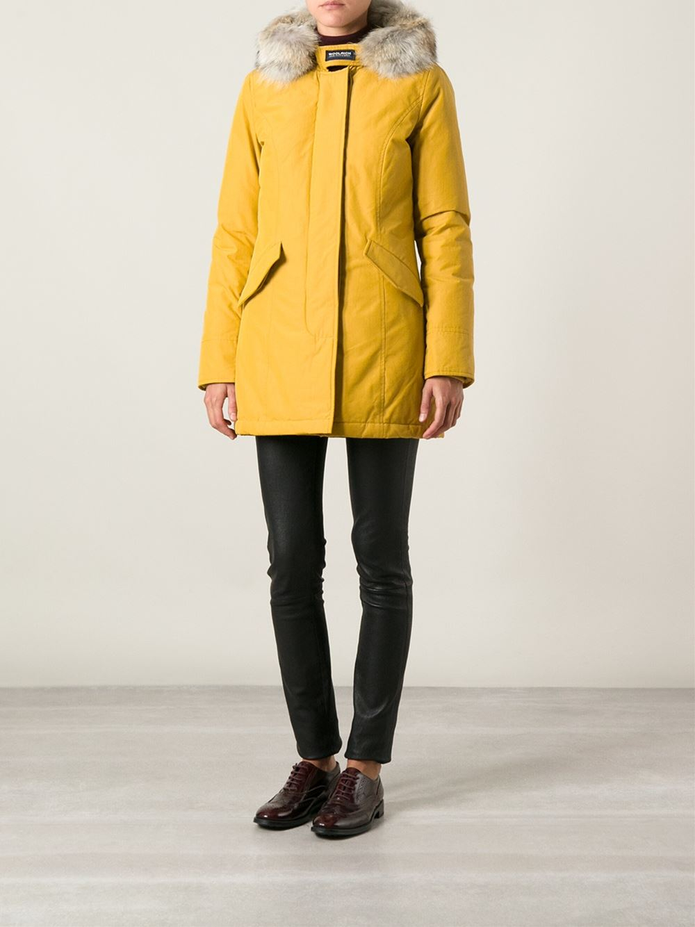 Woolrich Trimmed Hoodie Padded Parka in Yellow Lyst