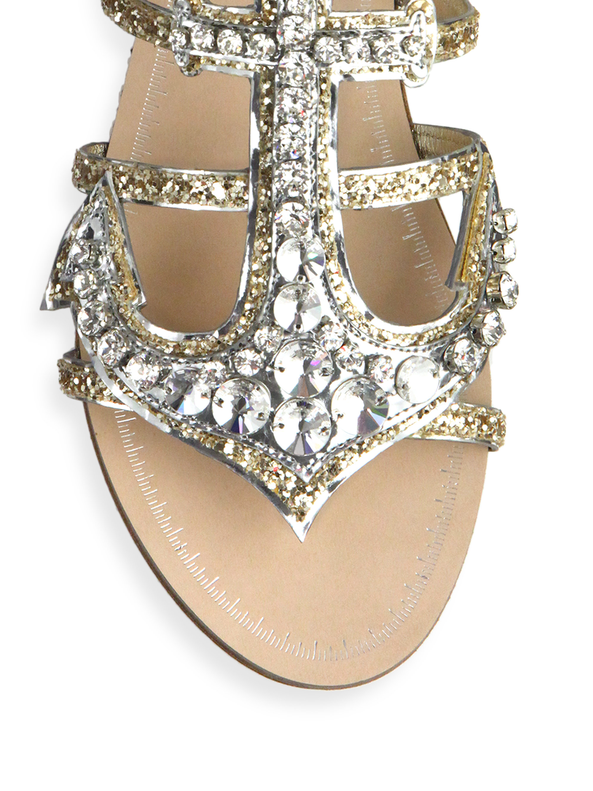 Lyst - Miu Miu Anchor Crystal Flat Sandals in Metallic