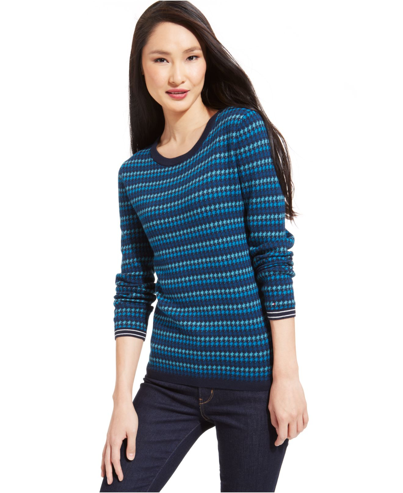 Tommy hilfiger Houndstooth Crew-Neck Sweater in Blue (Masters Navy) | Lyst