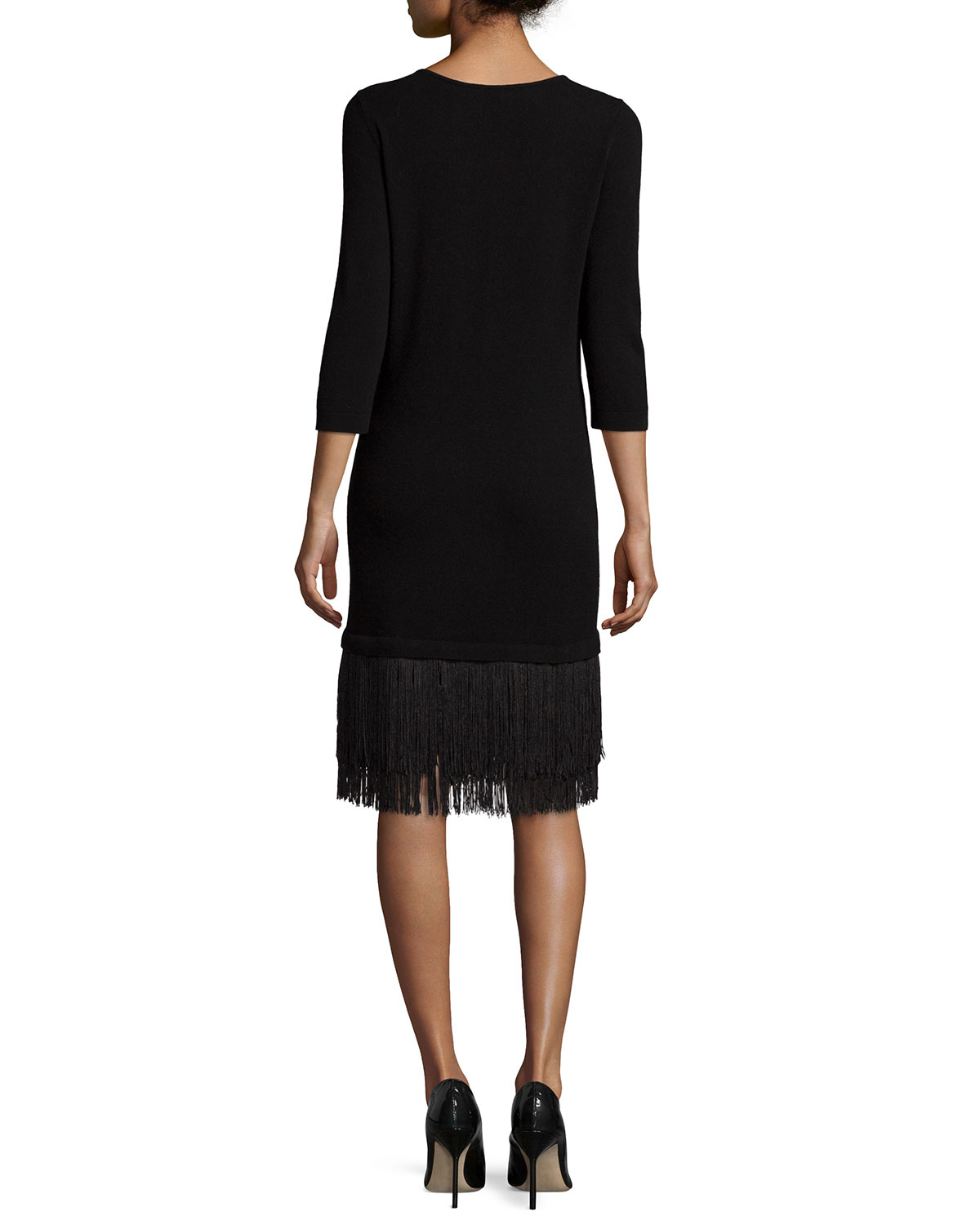 Lyst Neiman Marcus Cashmere 3/4sleeve Dress W/ Fringe Hem in Black