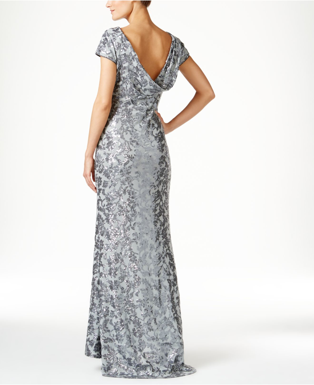 Lyst Calvin Klein Sequined Cap Sleeve Gown In Gray Gallery