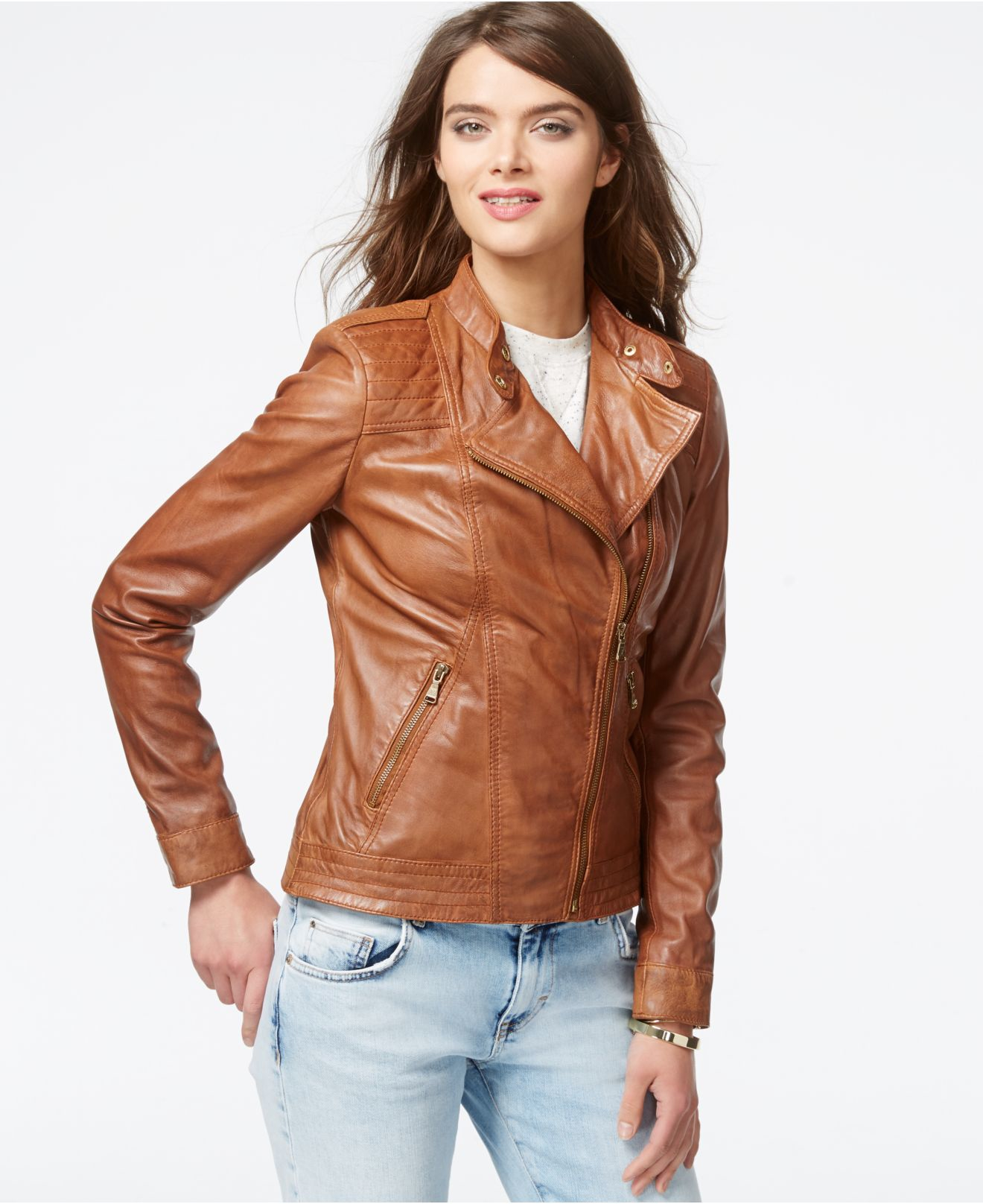 Lyst - Guess Asymmetrical Zip-front Leather Jacket in Brown