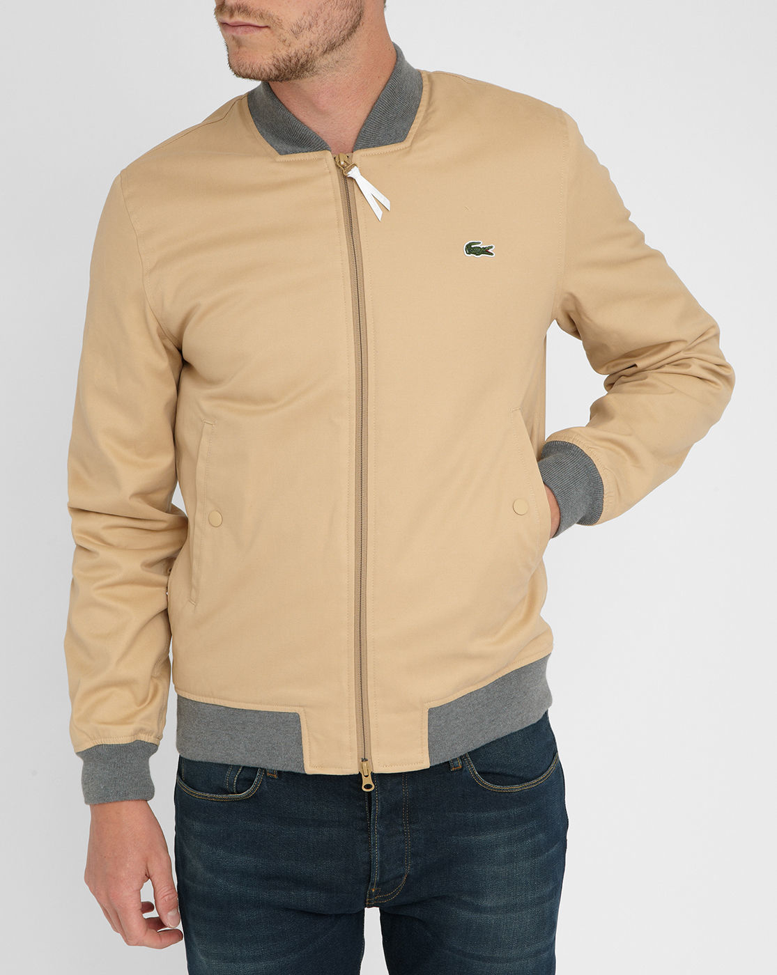 Lacoste l!ive Beige Baseball Jacket With Grey Ribbed Collar in Natural ...