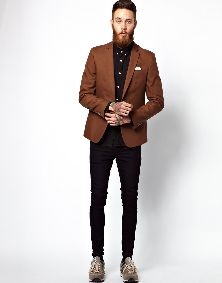 Lyst Asos Slim Fit Blazer in Cotton in Brown for Men