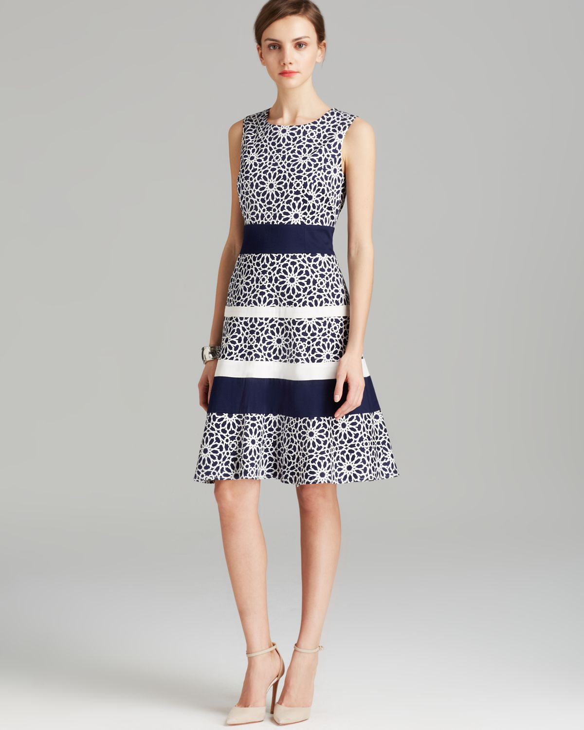 Anne Klein Dress Sleeveless Print Swing Fit And Flare In Blue Lyst Gallery