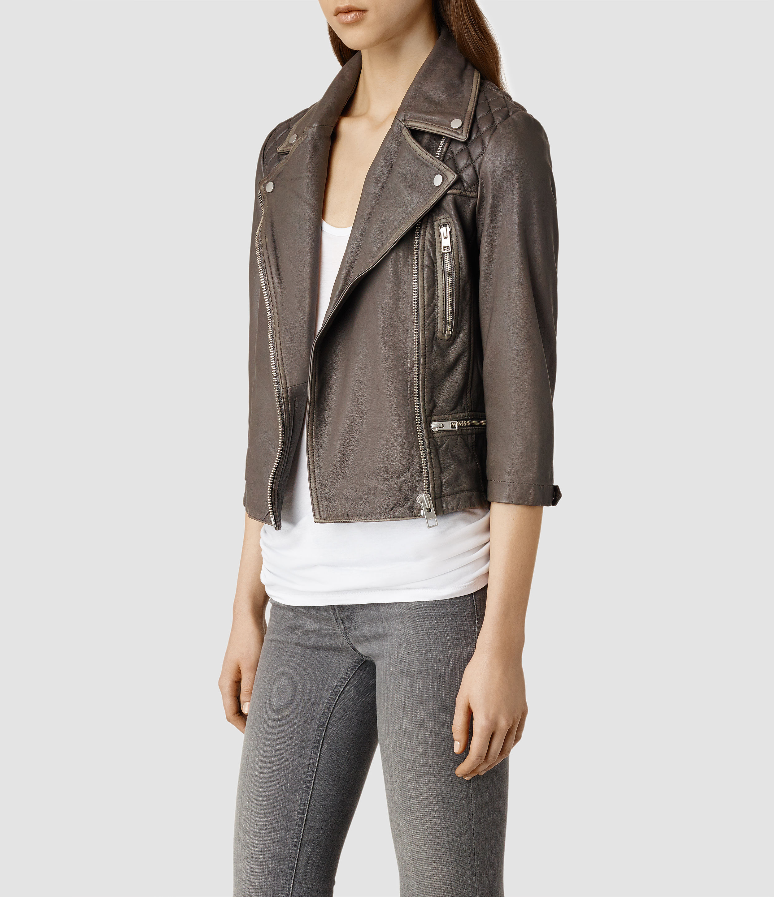 Lyst Allsaints Cropped Cargo Leather Biker Jacket In Natural Gallery Women S Cropped Leather Jackets