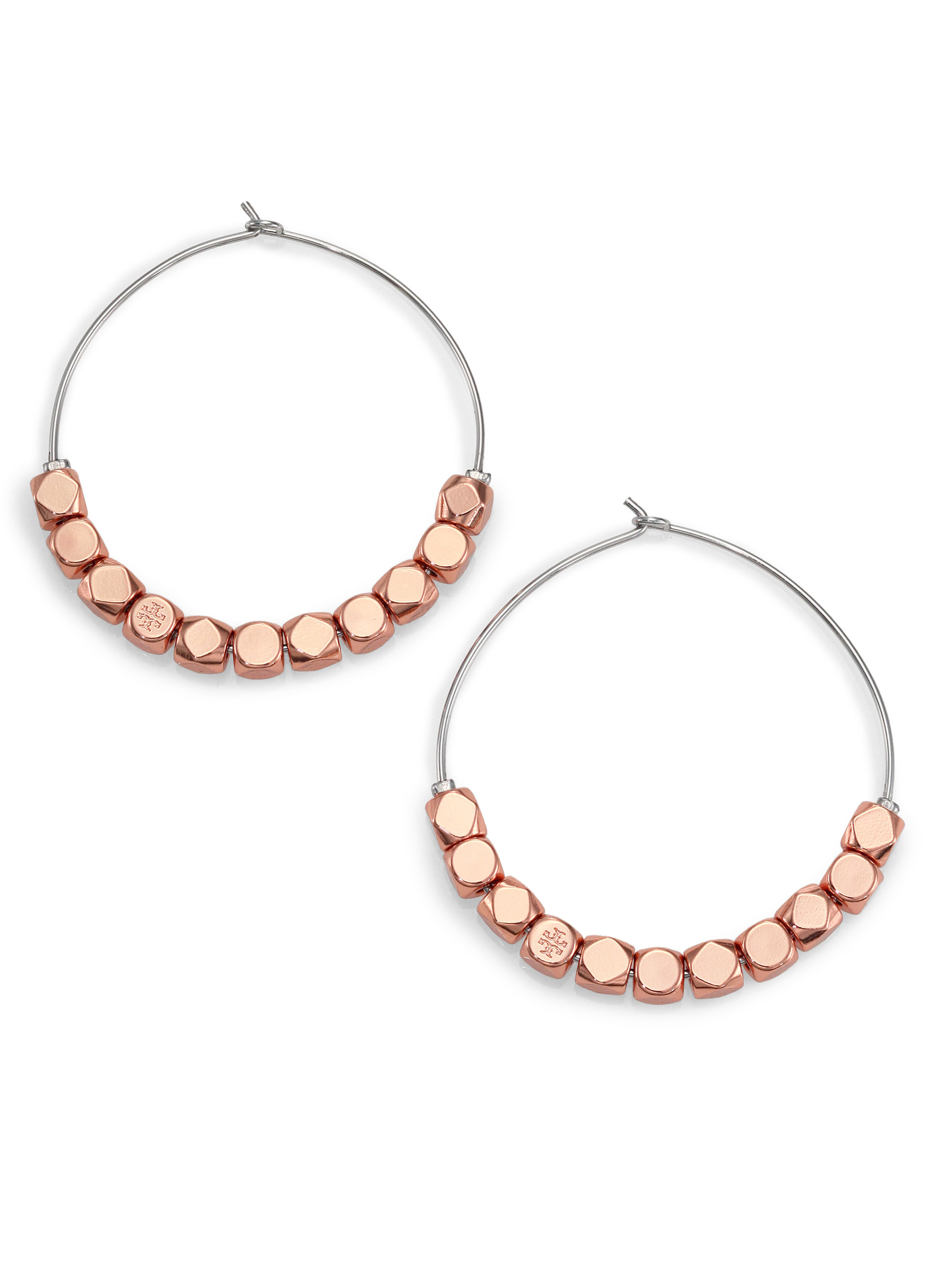 Lyst Tory Burch Geo Cube Two Tone Beaded Hoop Earrings 1 95 In Pink Gallery