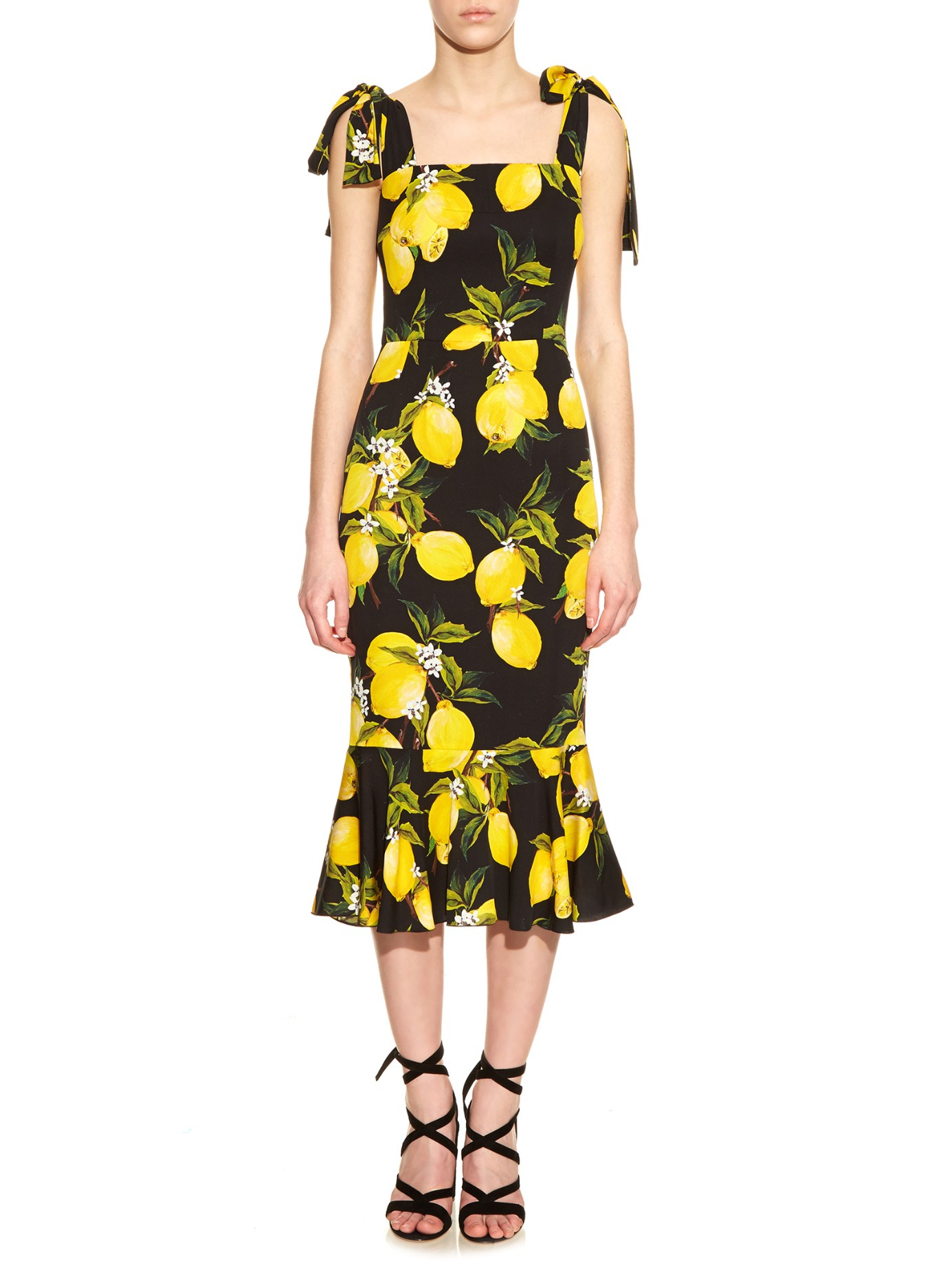 Dolce And Gabbana Lemon Print Fluted Hem Straps Dress In Yellow Lyst 