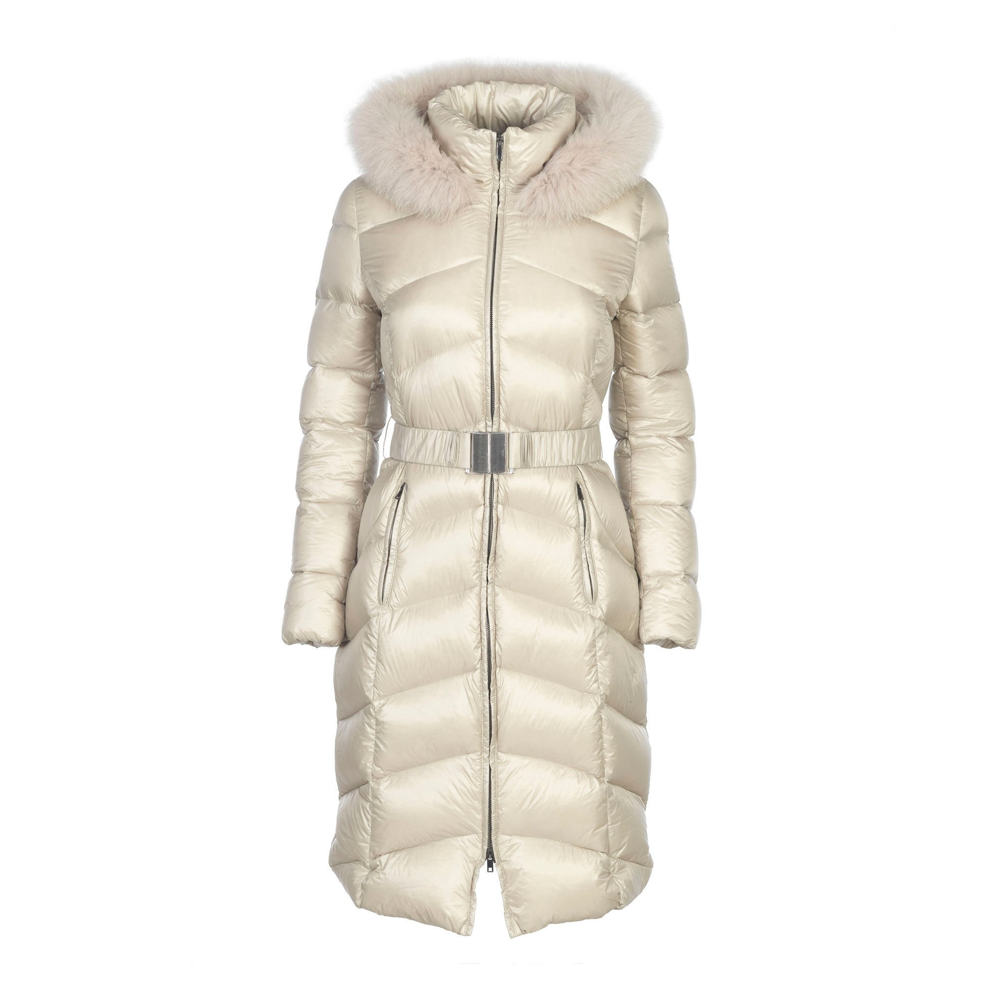 Stefanel Long Puffa Coat With Fox Fur Hood in Gray | Lyst
