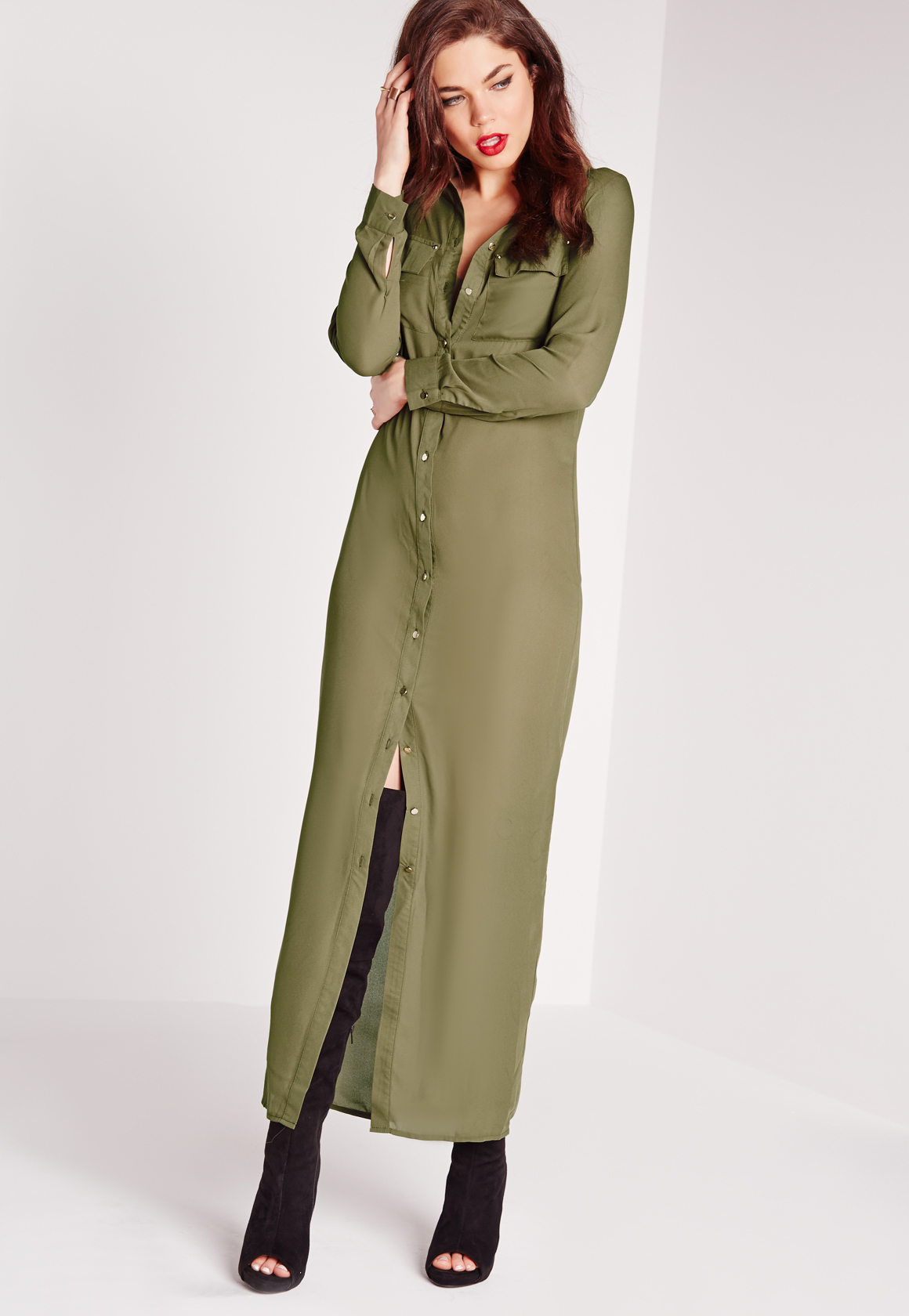 Missguided Maxi Length  Long  Sleeve  Shirt  Dress  Khaki in 