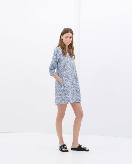 Zara Printed Denim Dress with Ruffles in Blue | Lyst