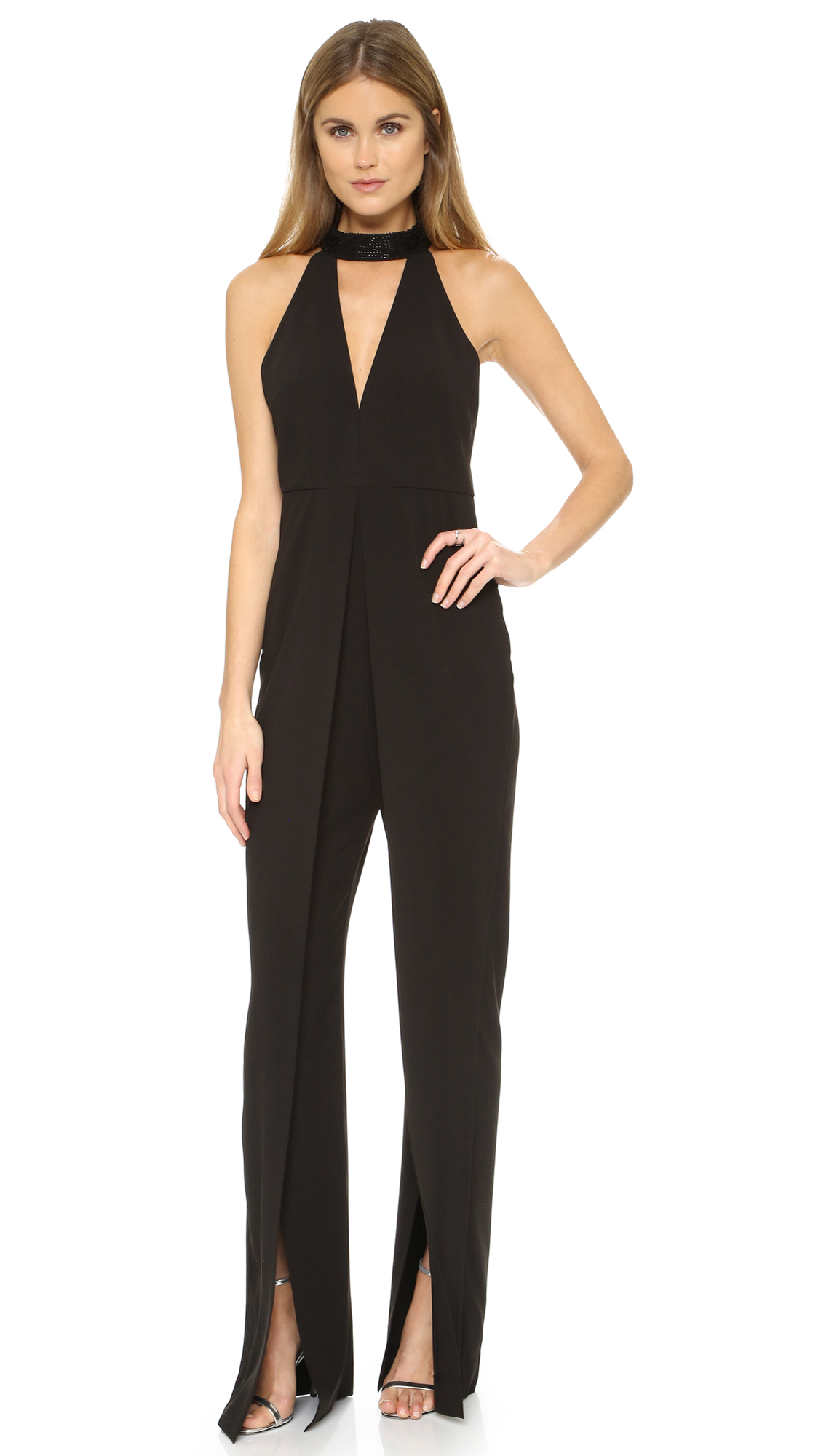 Lyst - Halston High Neck Jumpsuit With Beading in Black