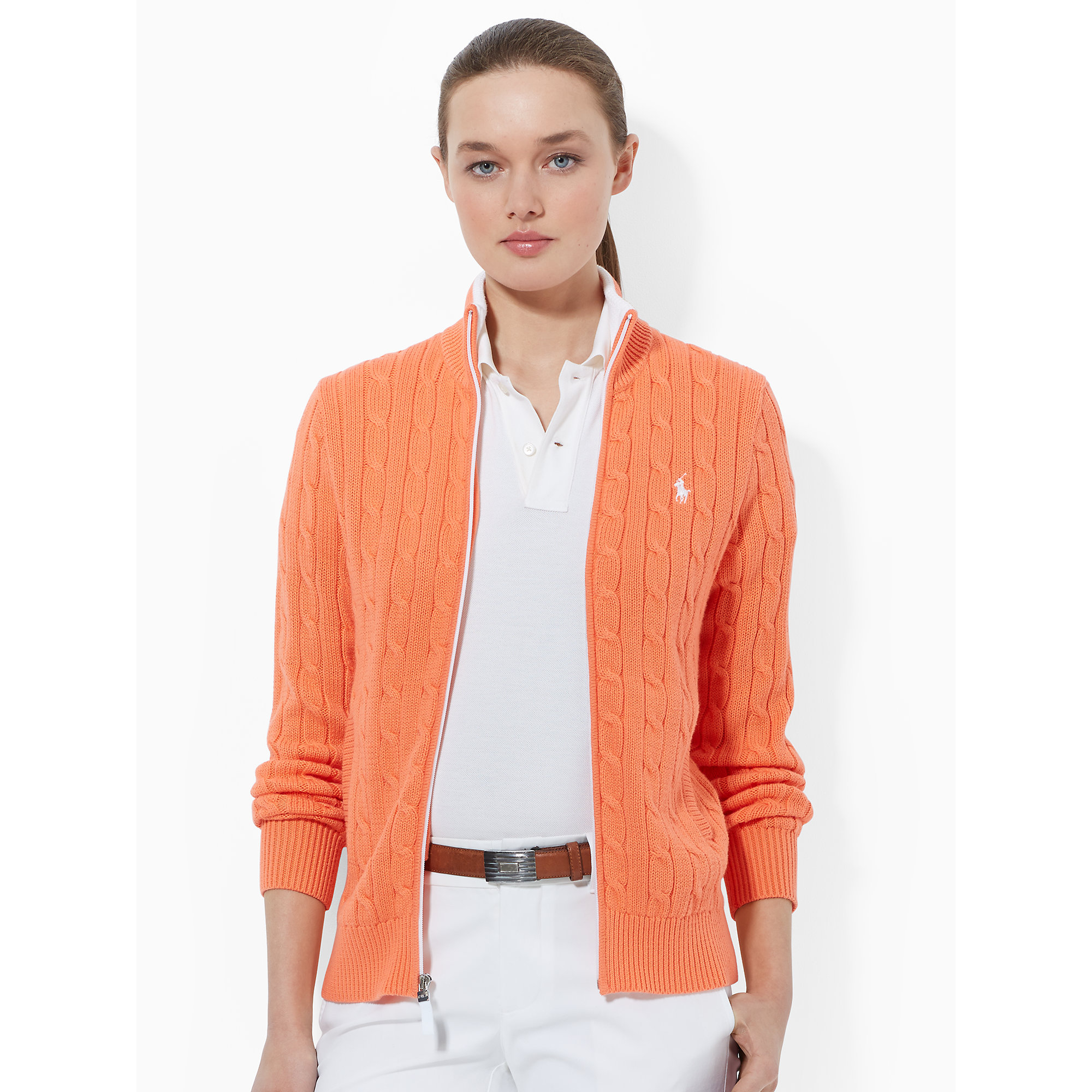 Ralph Lauren Golf Cable,knit Zip,up Sweater in Orange , Lyst