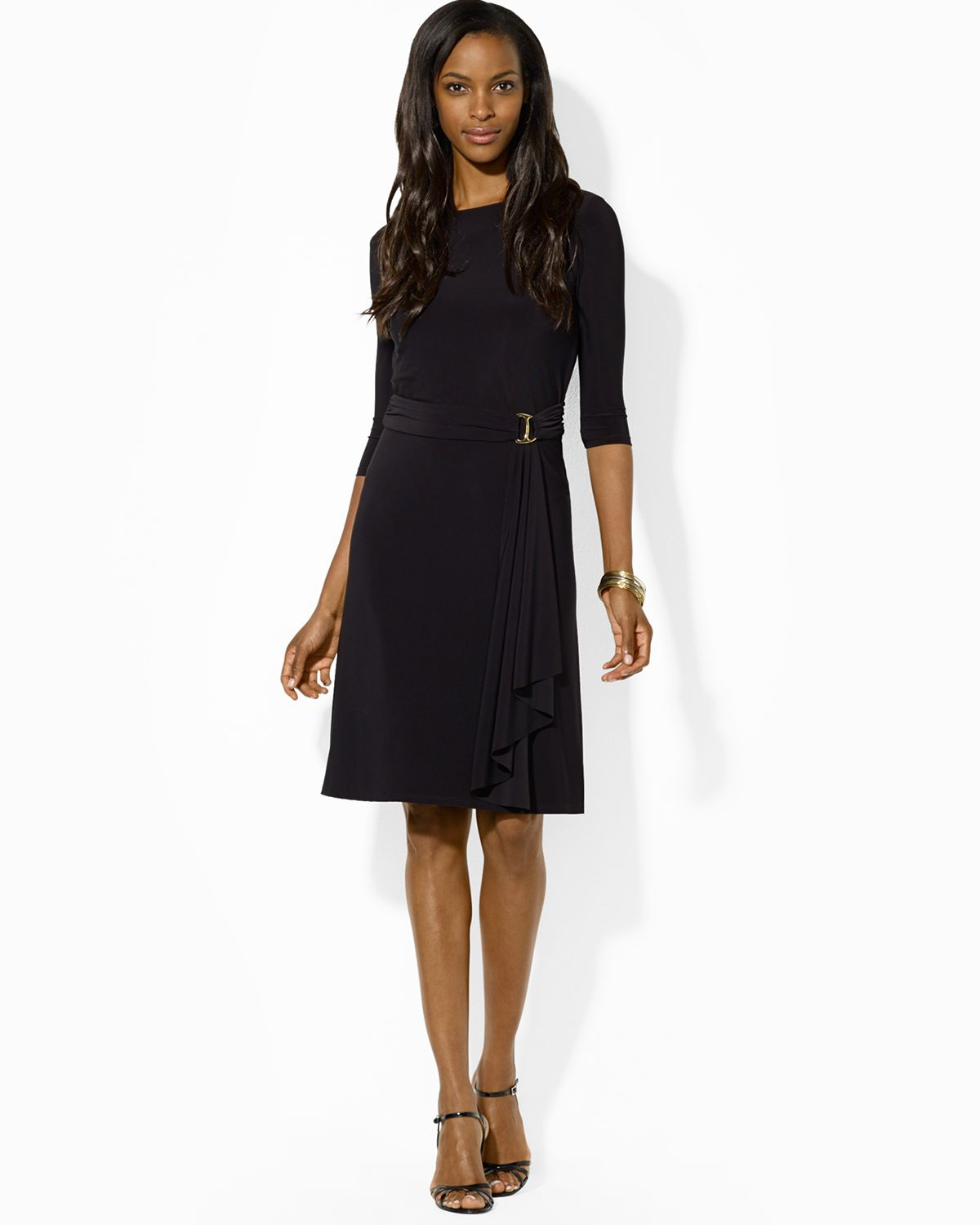 Lyst - Ralph Lauren Lauren Dress Boat Neck Three Quarter Sleeve in Black