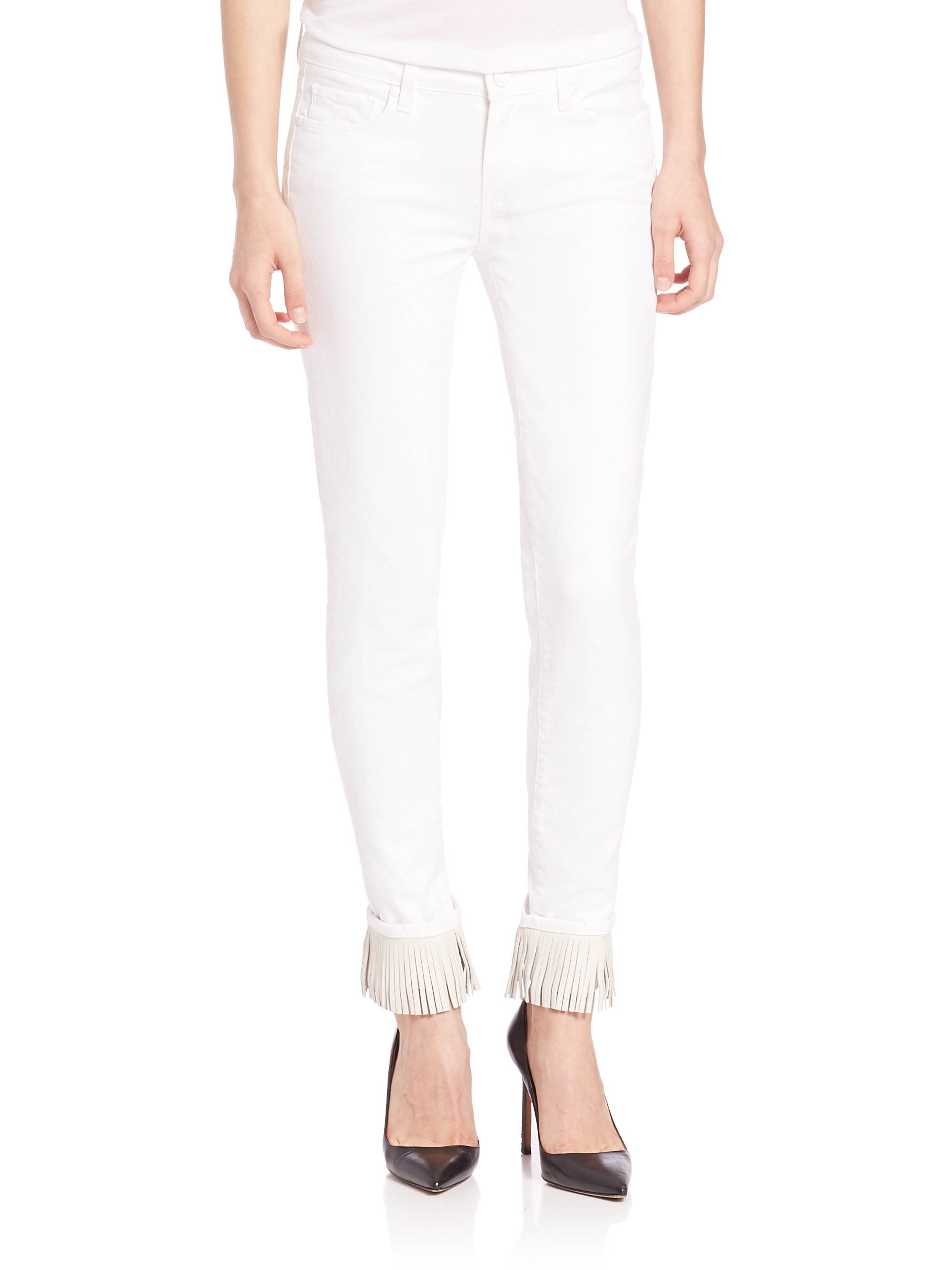 white jeans with fringe at bottom