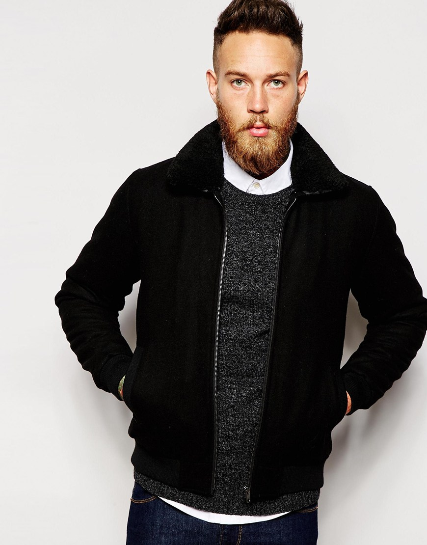 Download ASOS Wool Harrington Jacket With Faux Shearling Collar In ...