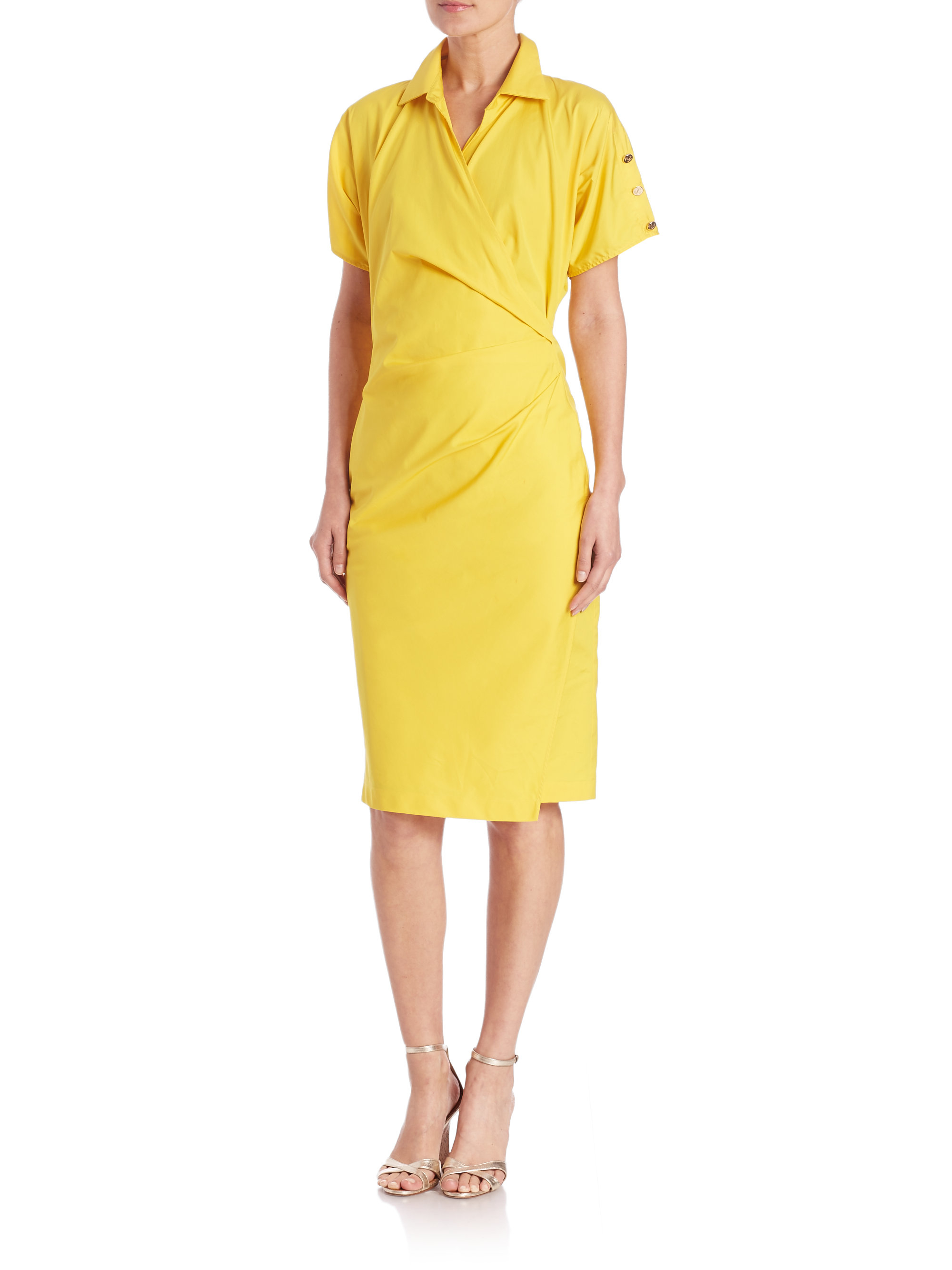 Lyst Max Mara Fred Ruched Cotton Poplin Dress In Yellow Gallery