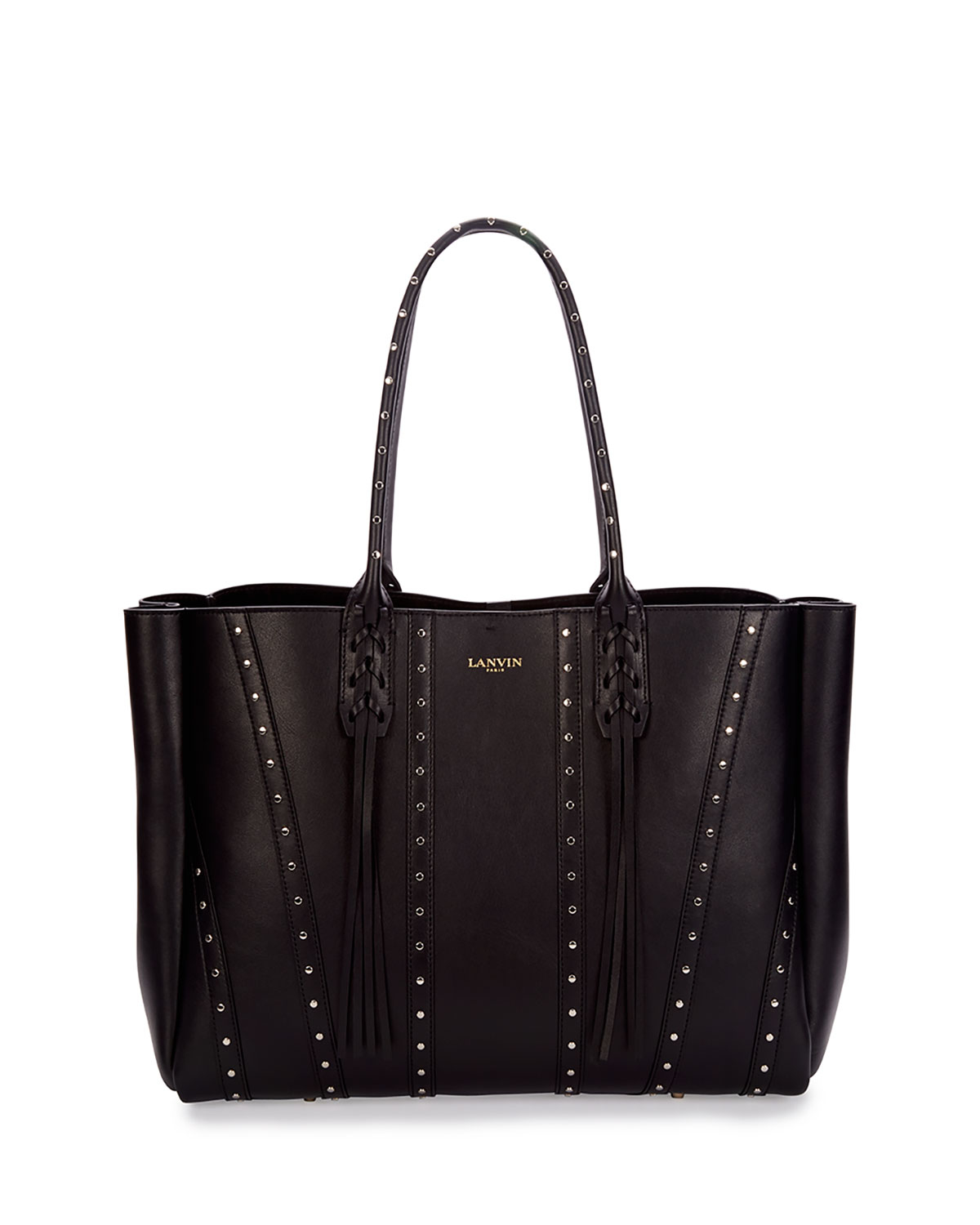 Lanvin Medium Studded Leather Tote Bag W/ Fringe in Black | Lyst