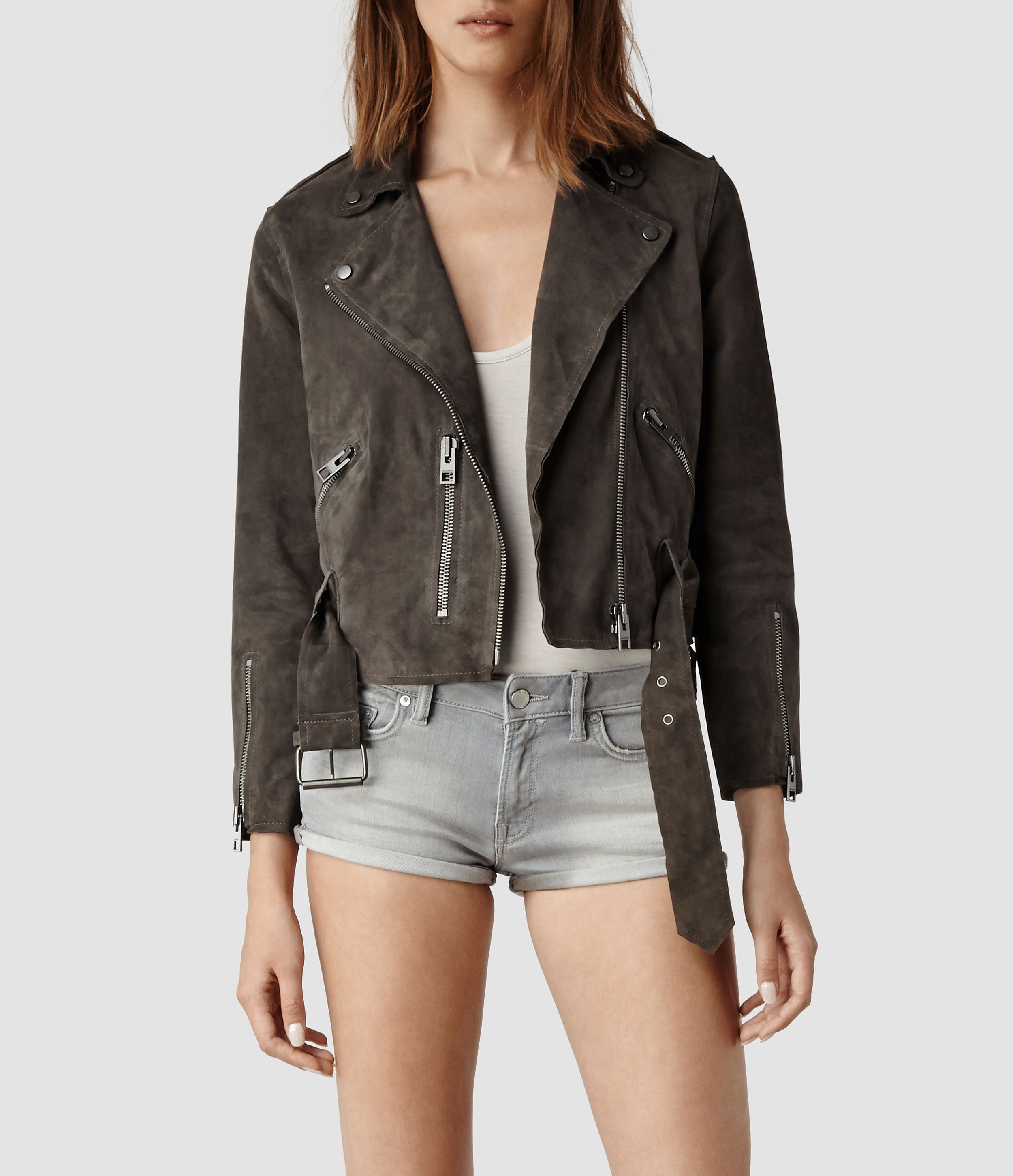 Lyst Allsaints Hind Leather Biker Jacket In Gray Gallery