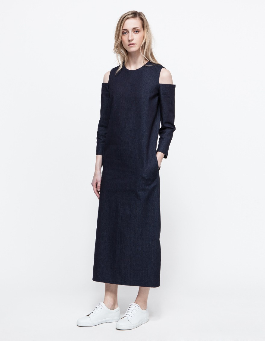 lyst markoo kasha cut out shoulder dress in blue lyst markoo kasha cut out shoulder dress in blue