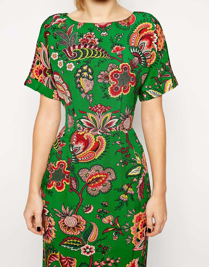 Asos Midi Wiggle Dress In Paisley Print in Green | Lyst
