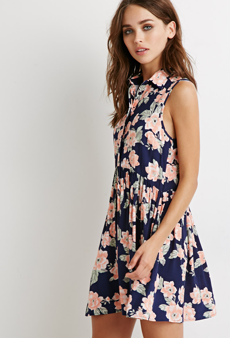 Forever 21 Buttoned Floral Babydoll Dress in Blue  Lyst