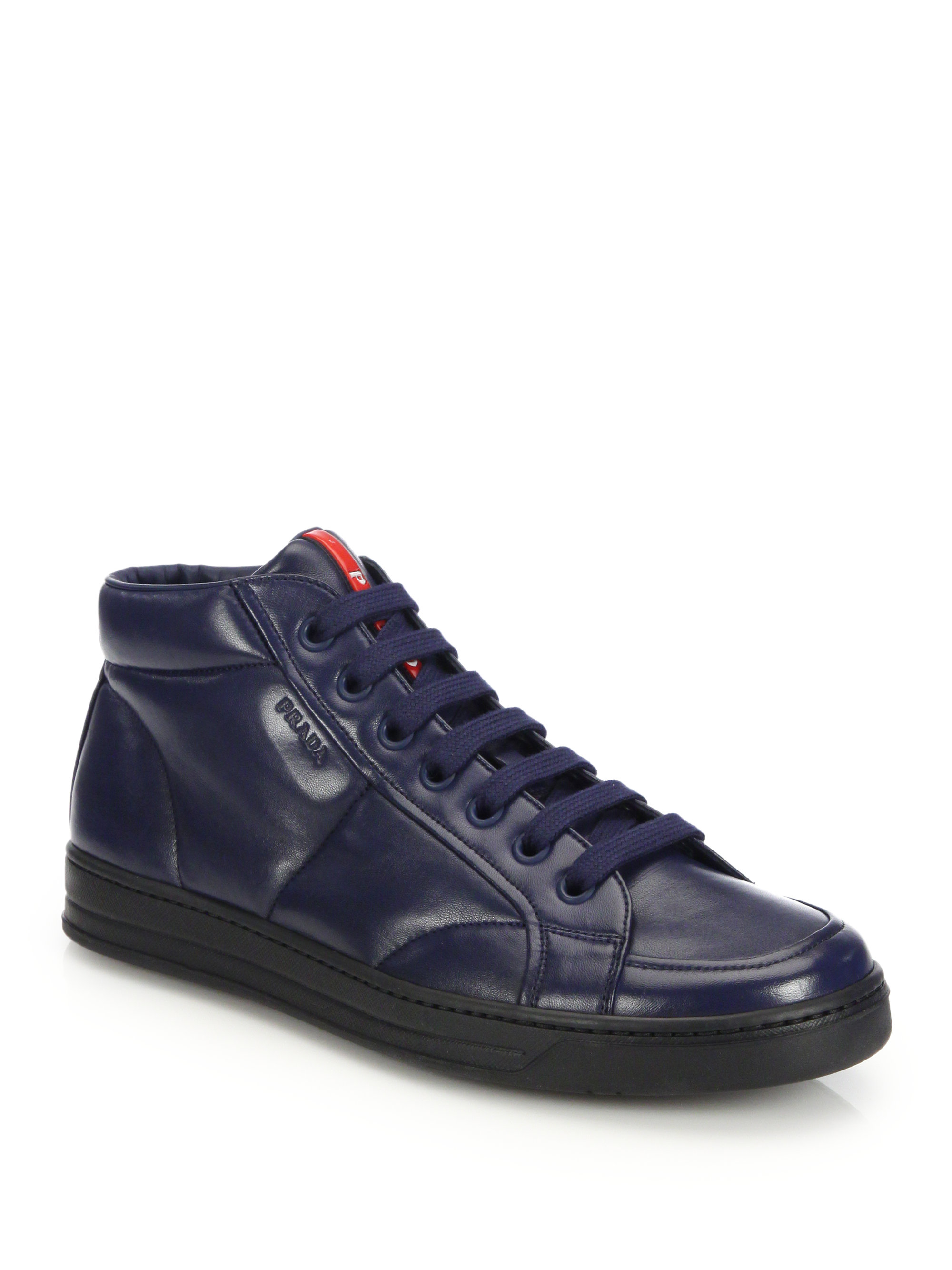 Lyst - Prada Mid-top Leather Sneakers in Blue for Men