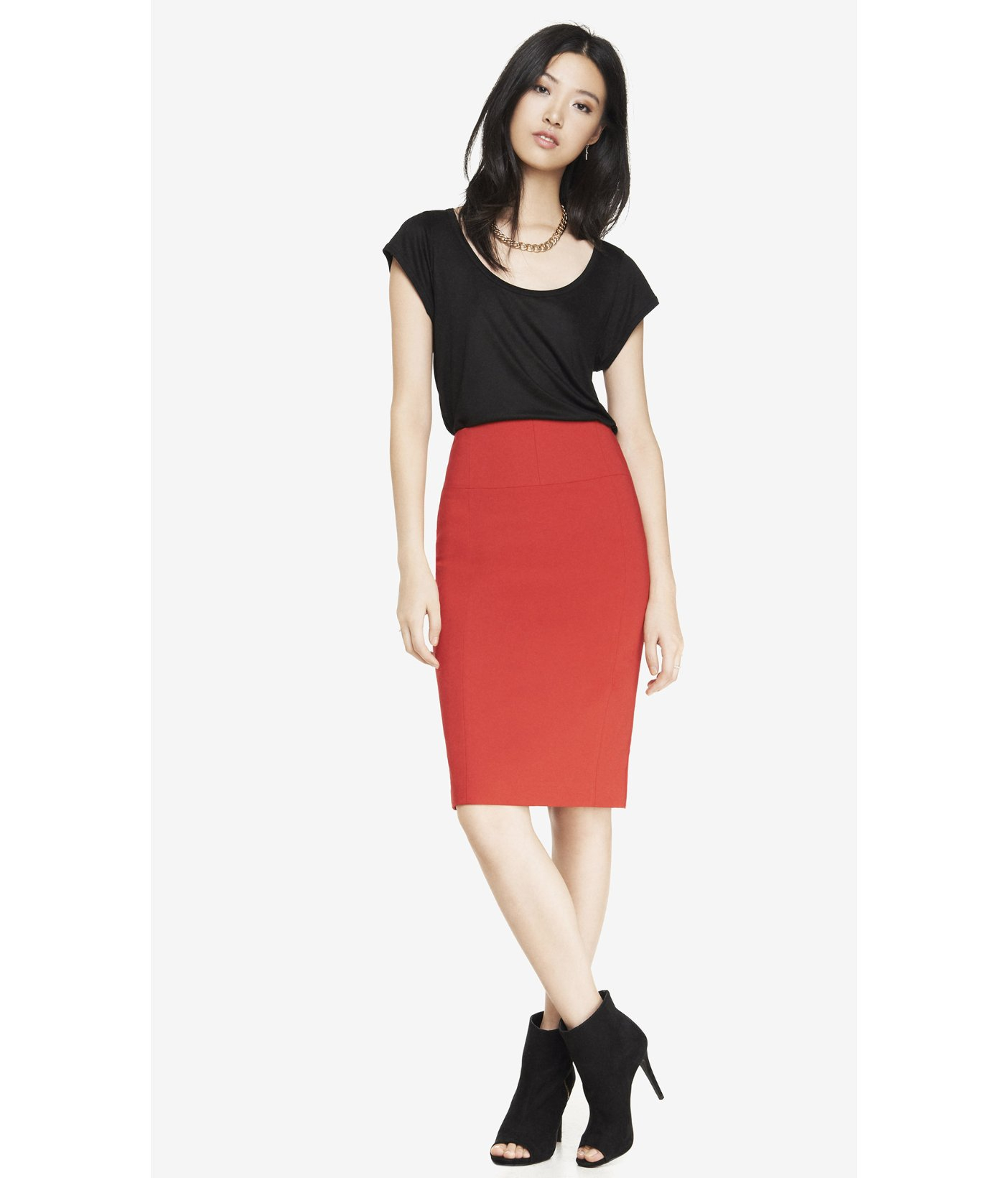 Express High Yoke Waist Midi Pencil Skirt in Red (ENGINE RED) | Lyst