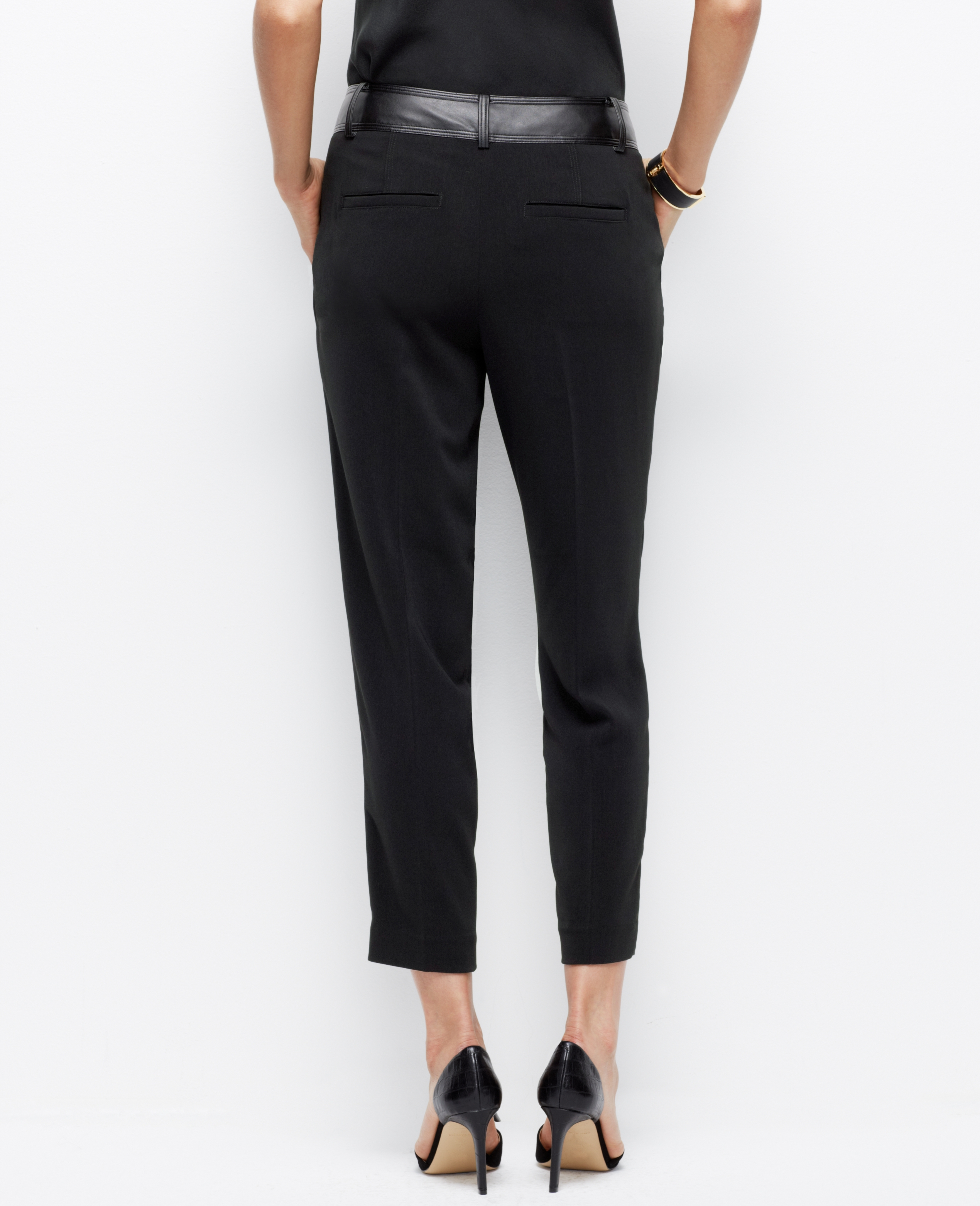 Ann taylor Faux Leather Waist Ankle Pants in Black | Lyst