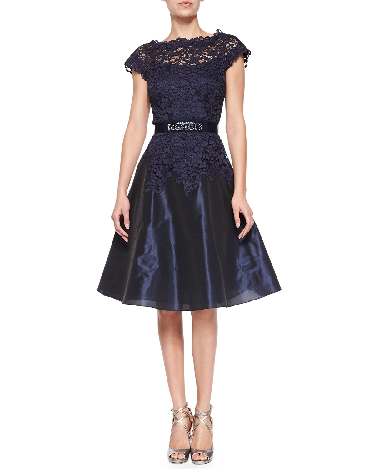 Teri jon Cap-sleeve Lace Bejeweled-waist Cocktail Dress in Blue | Lyst