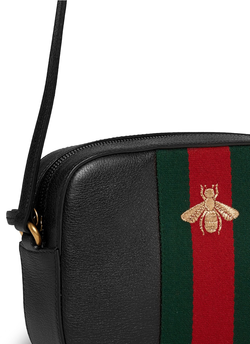 Gucci &#39;webby&#39; Bee Embroidery Web Leather Crossbody Bag in Black - Lyst