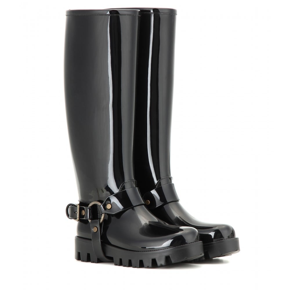 black rubber knee high boots