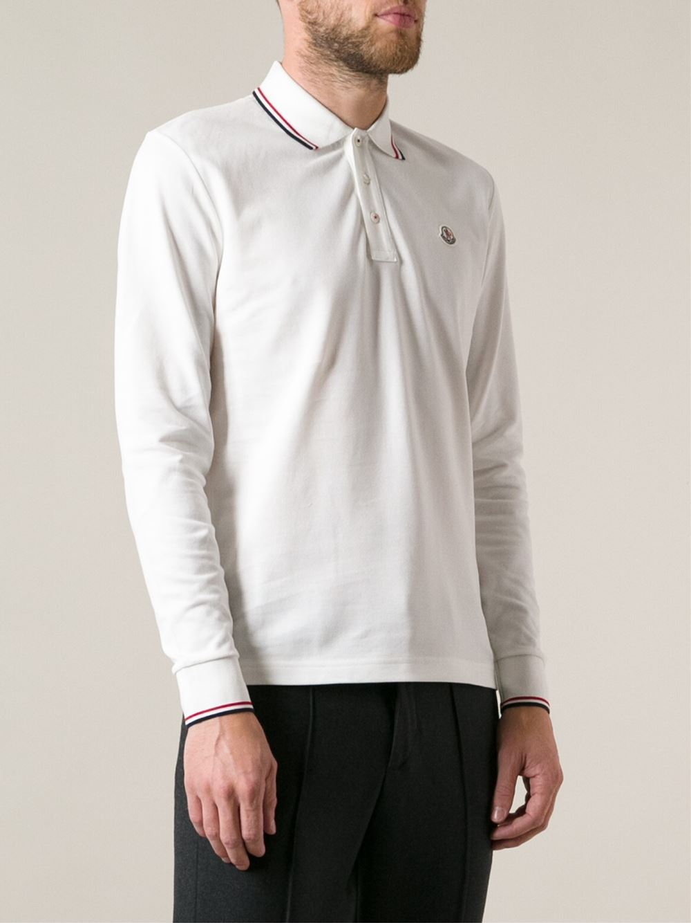 Lyst - Moncler Long Sleeve Polo Shirt in White for Men