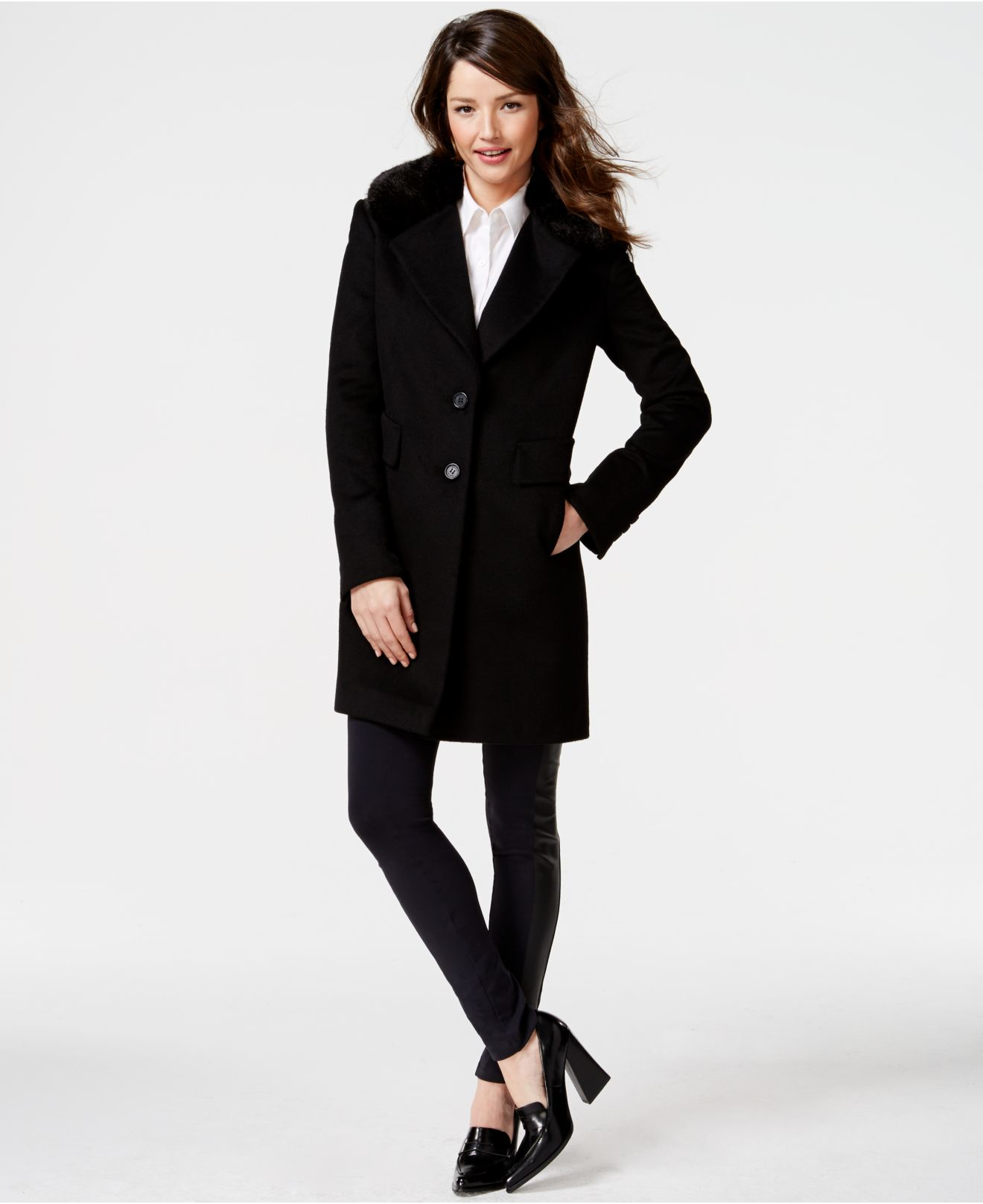 Dkny Faux-fur-collar Wool-blend Walker Coat in Black | Lyst