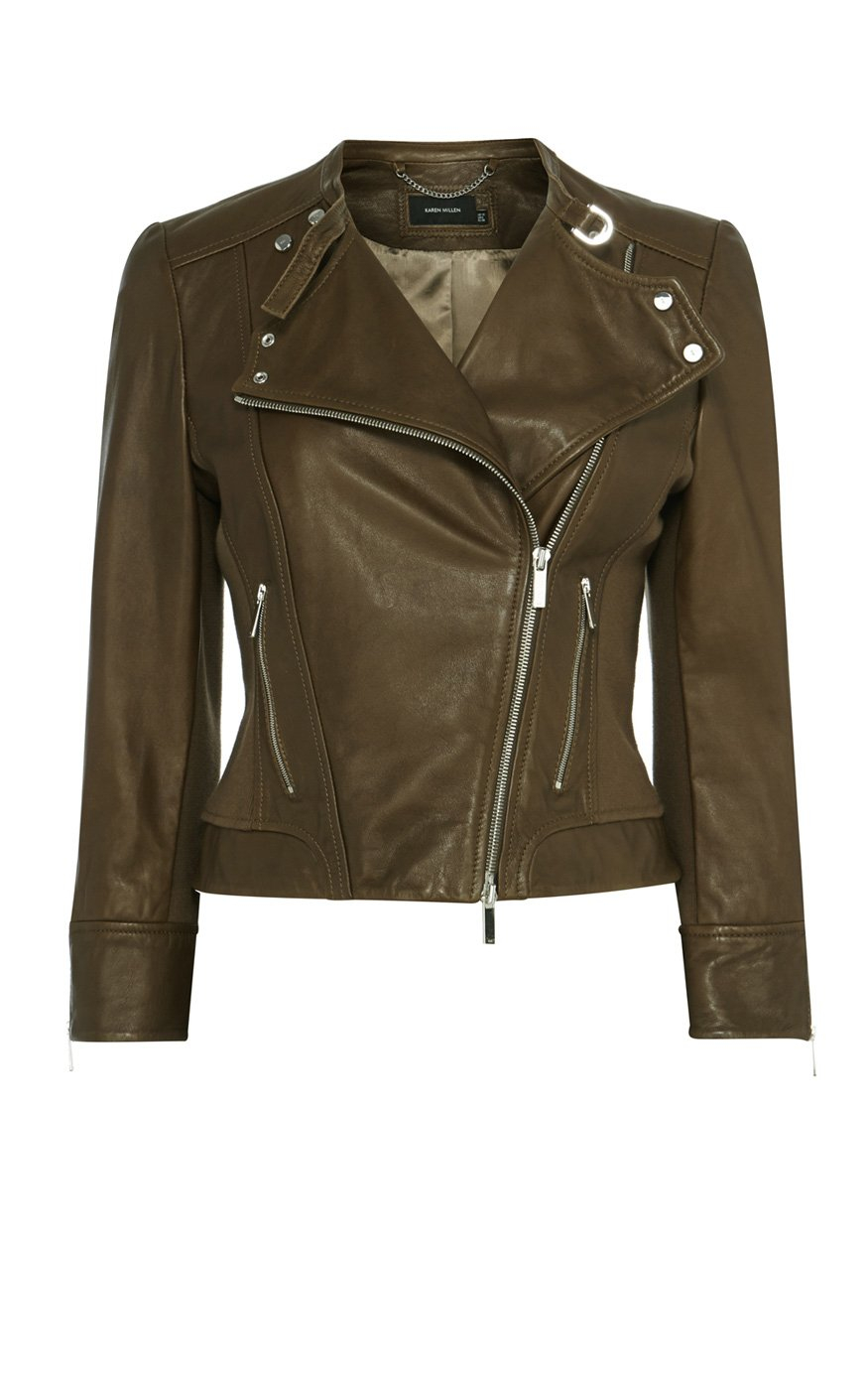 Karen Millen Italian Leather Biker Jacket In Green Lyst Gallery