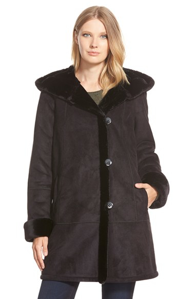 Lyst - Gallery Hooded Faux Shearling A-line Coat in Black