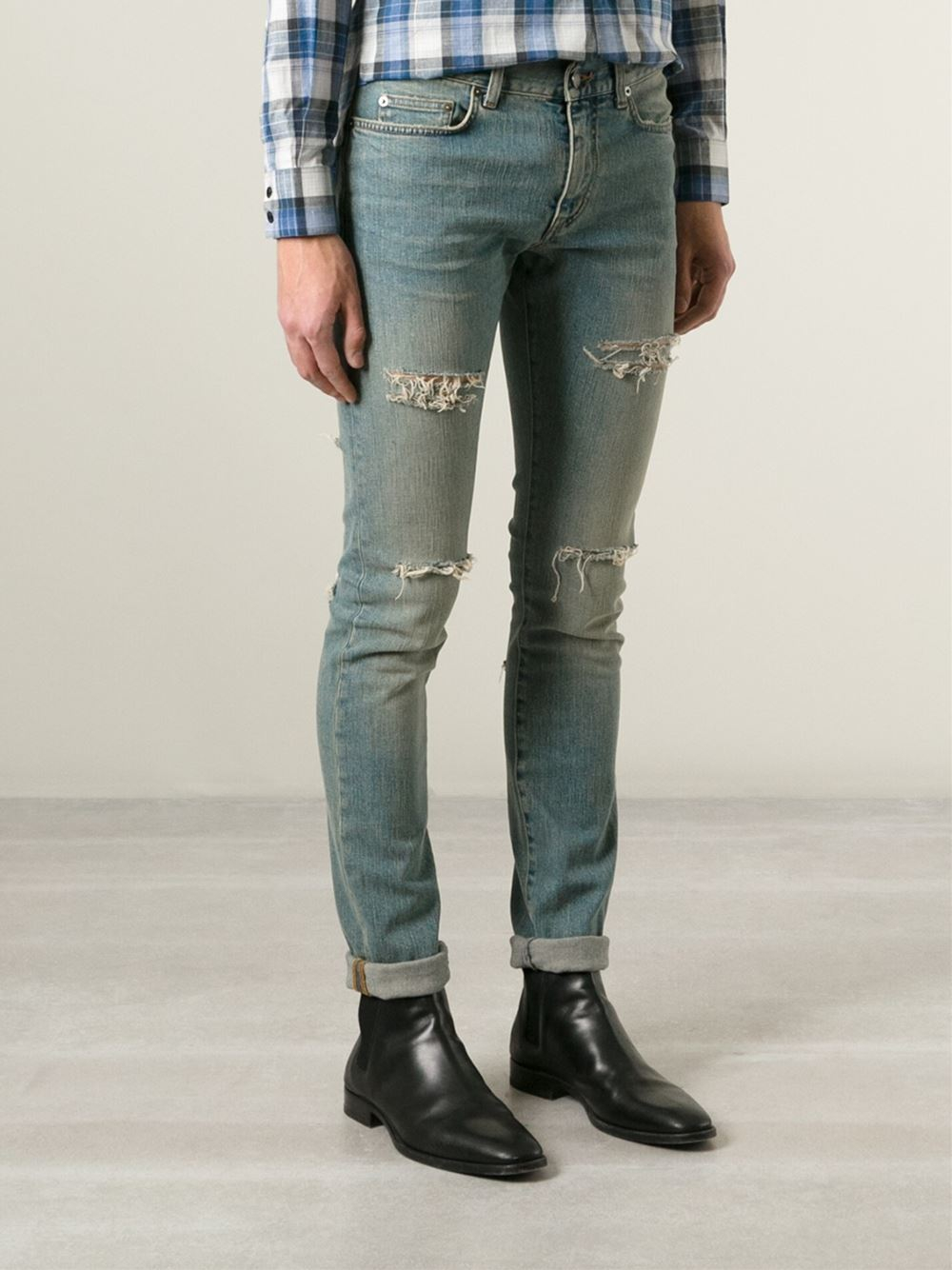Lyst - Saint Laurent Distressed Skinny Jeans in Blue for Men