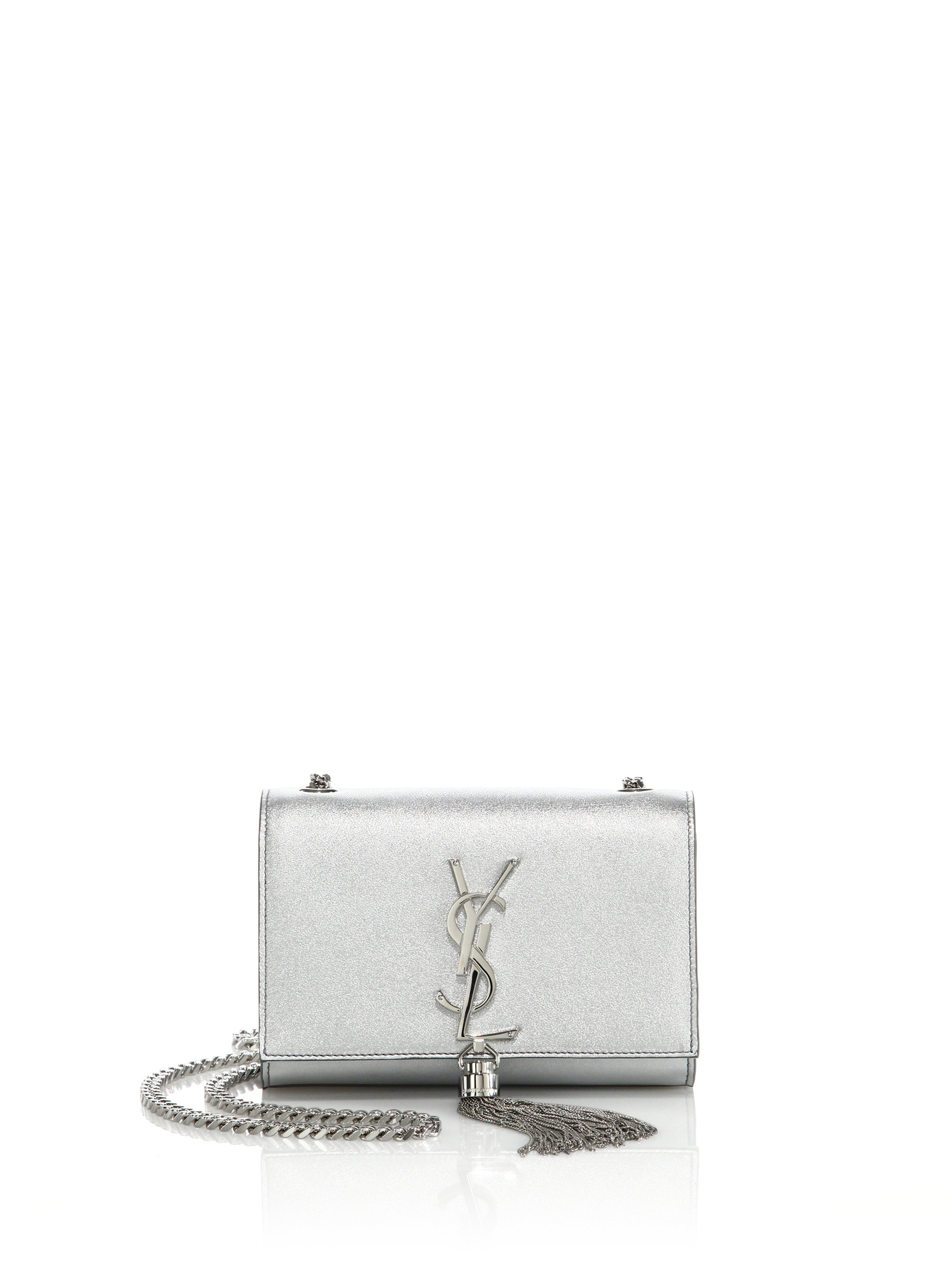 Monogram Metallic Leather Crossbody Bag, Silver, red ysl