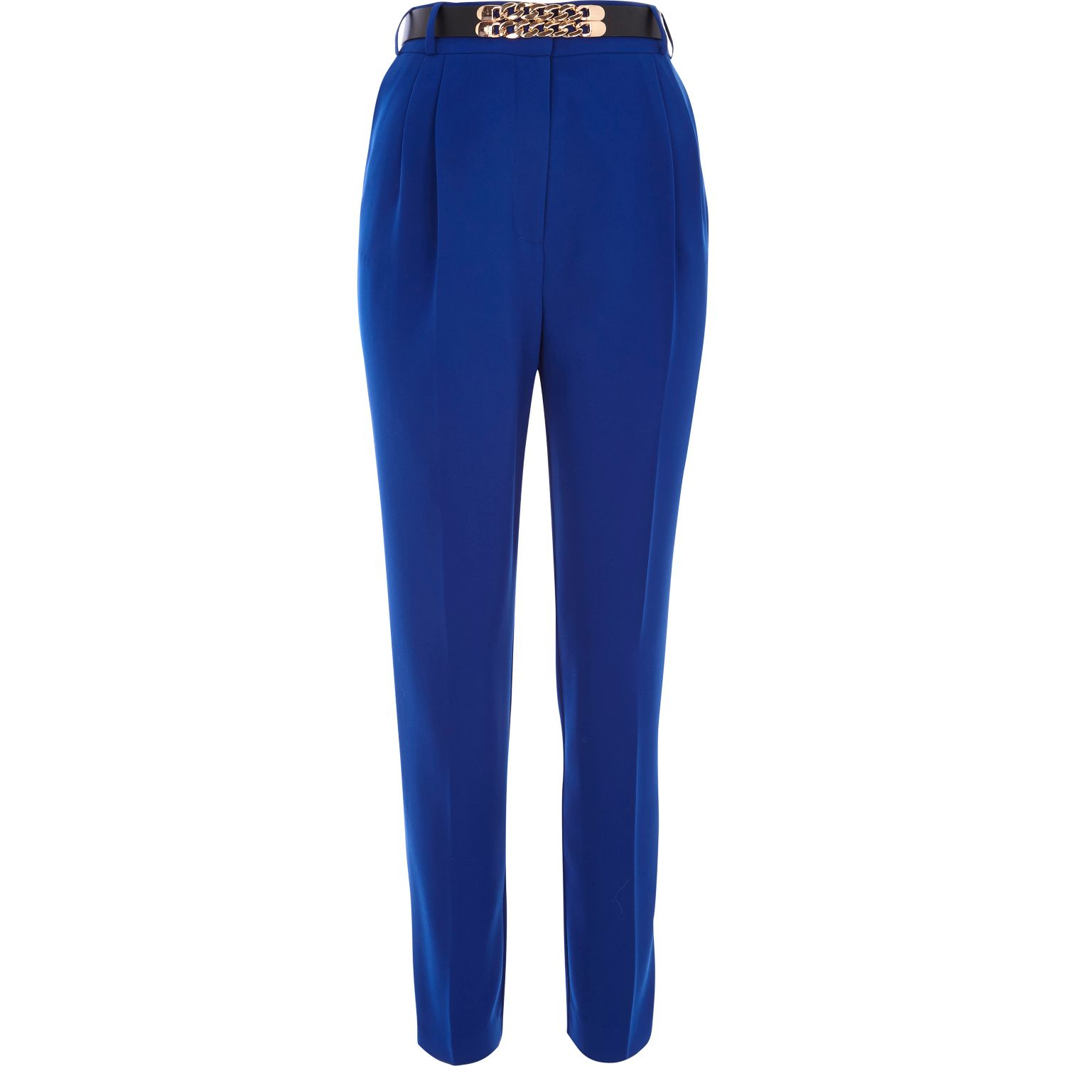 River Island High Waisted Curb Chain Belt Pants in Blue | Lyst
