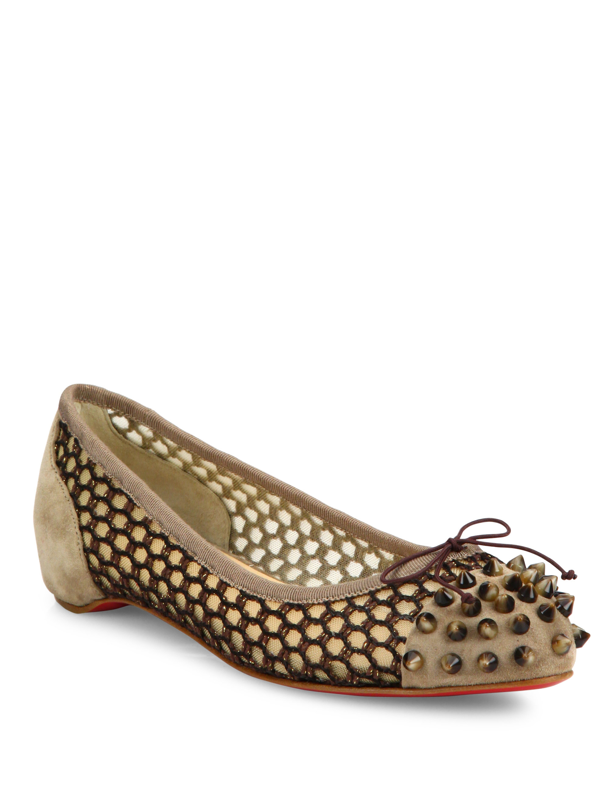 Christian louboutin Mix Spiked Suede \u0026amp; Knotted Mesh Flats in Beige ...