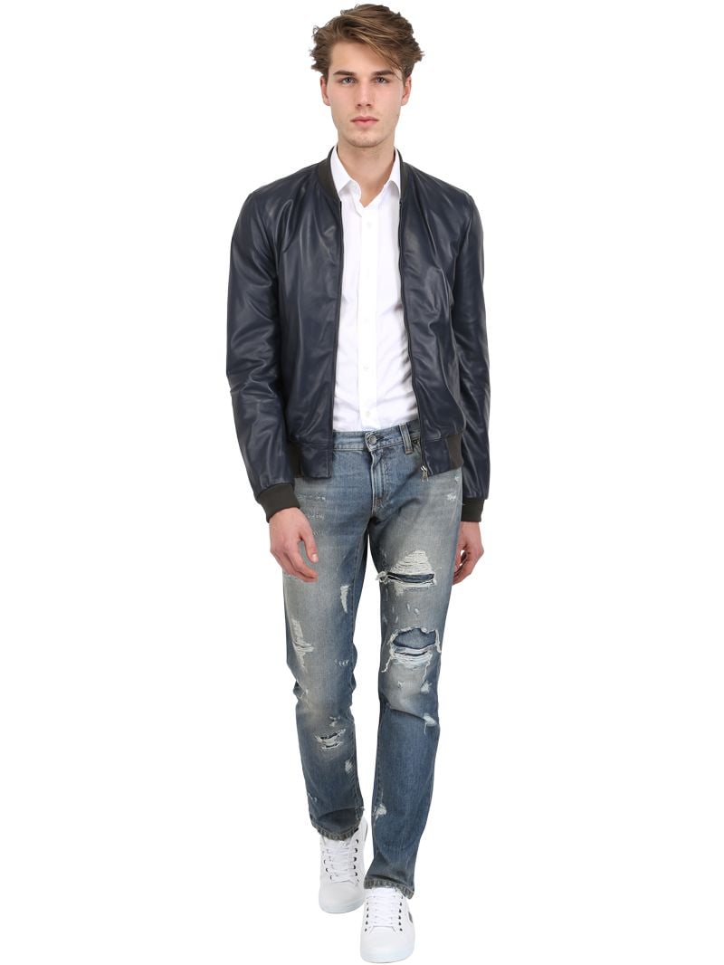 Lyst - Dolce & Gabbana Nappa Leather Bomber Jacket in Blue for Men