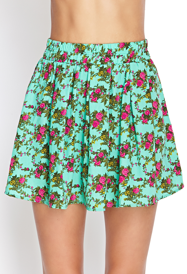 Lyst - Forever 21 Floral Print Skater Skirt in Green