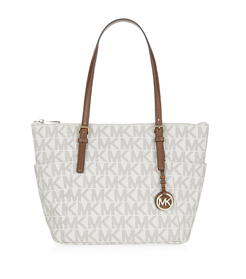 Michael By Michael Kors Jet Set Signature Topzip Tote in White (jet) | Lyst