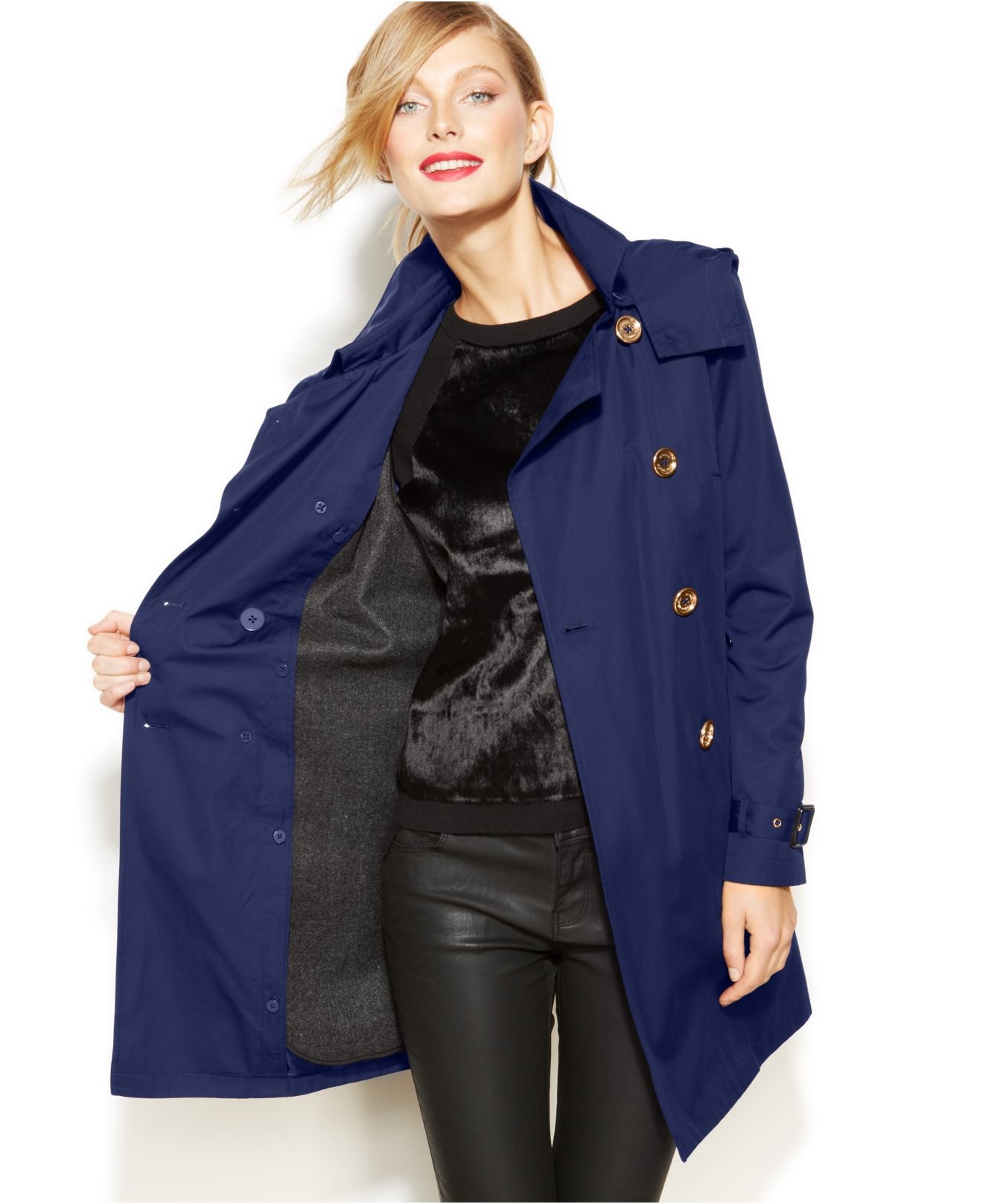 Michael kors Michael Petite Double-Breasted Trench Coat in Blue | Lyst