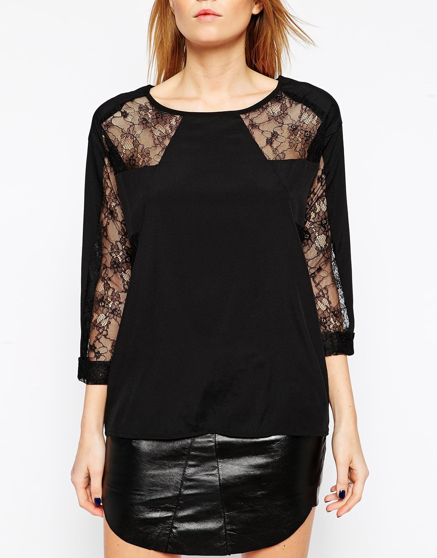 Lyst - Y.A.S Long Sleeve Shirt With Lace Arm Inserts in Black